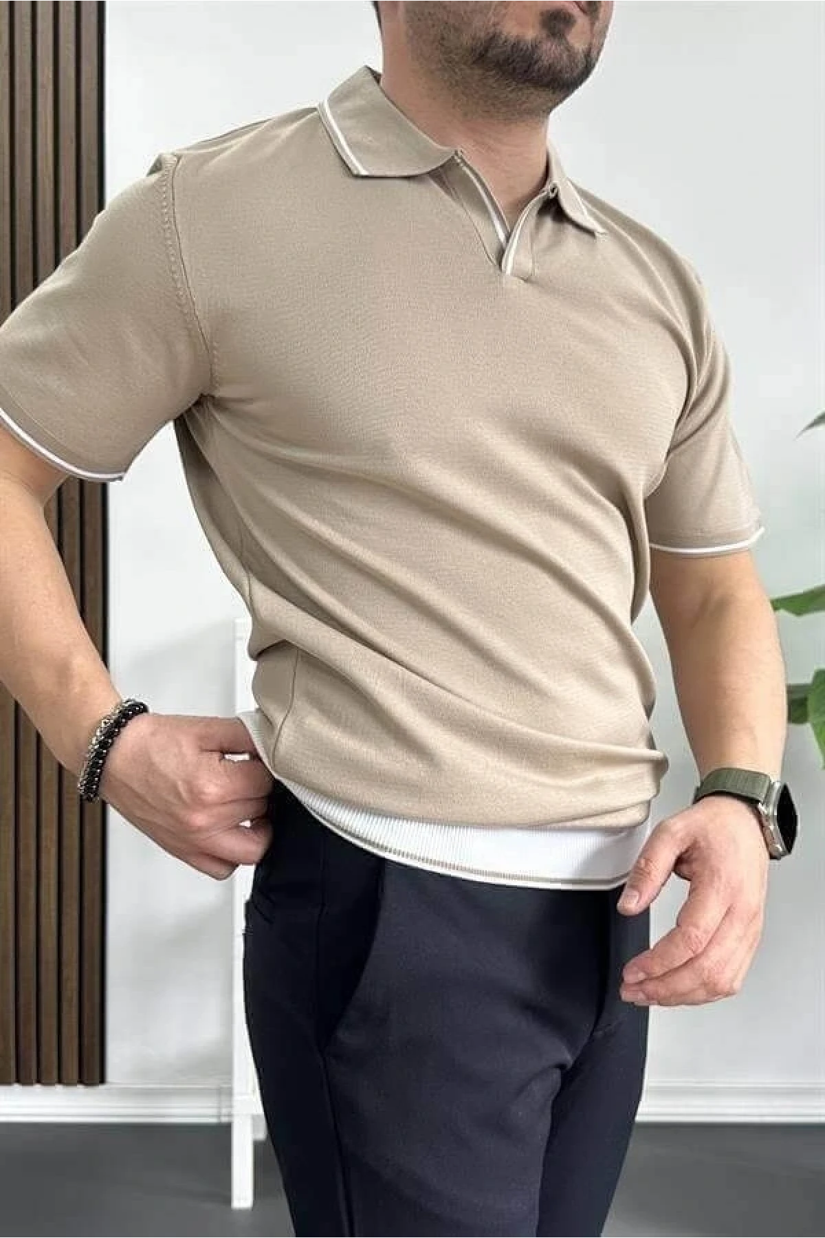 Erkek Açık Yaka Şerit Detaylı Tişört Vizon Edw235