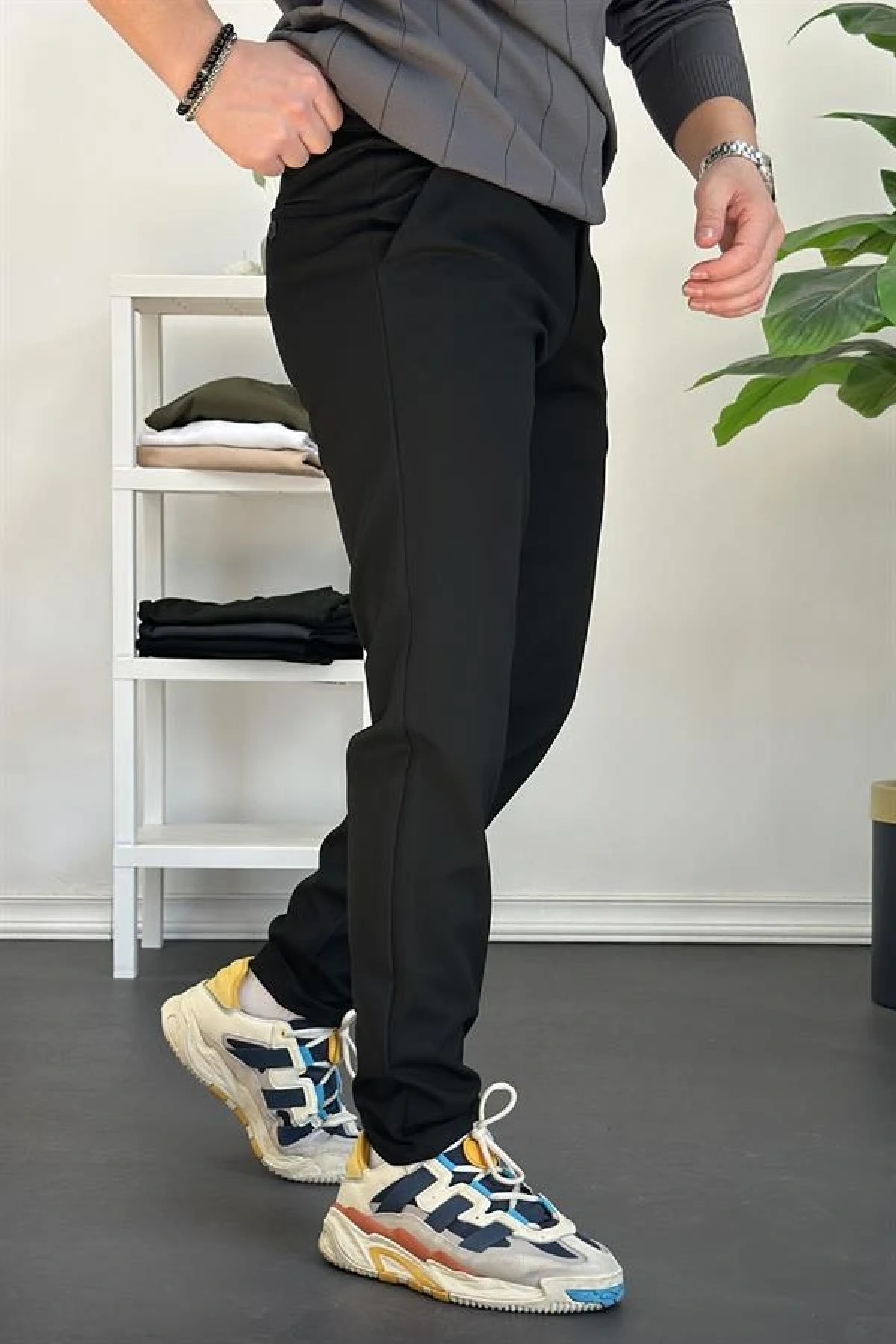 Erkek Beli Düğmeli Dar Paça Jogger Pantolon Siyah Edw224