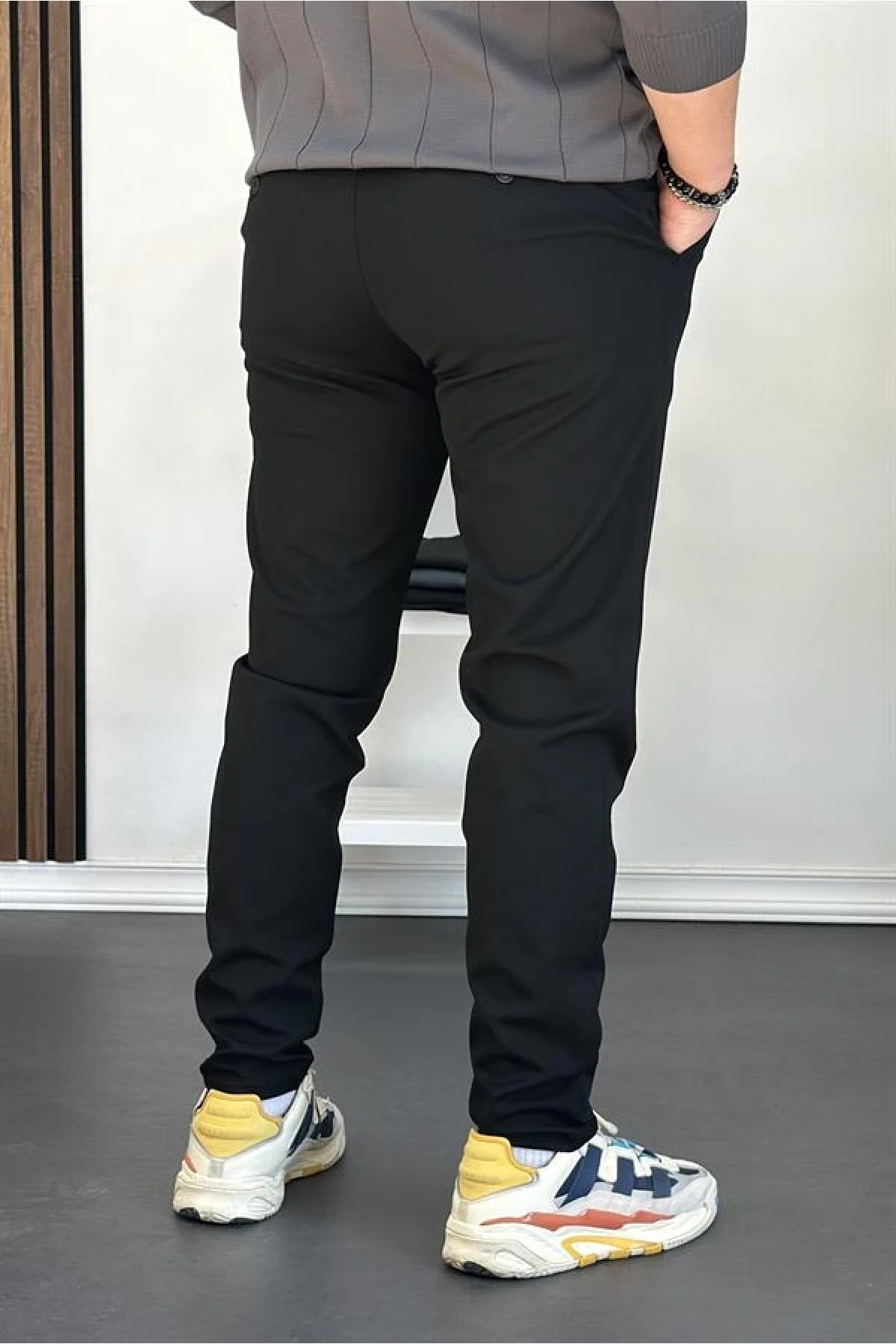 Erkek Beli Düğmeli Dar Paça Jogger Pantolon Siyah Edw224