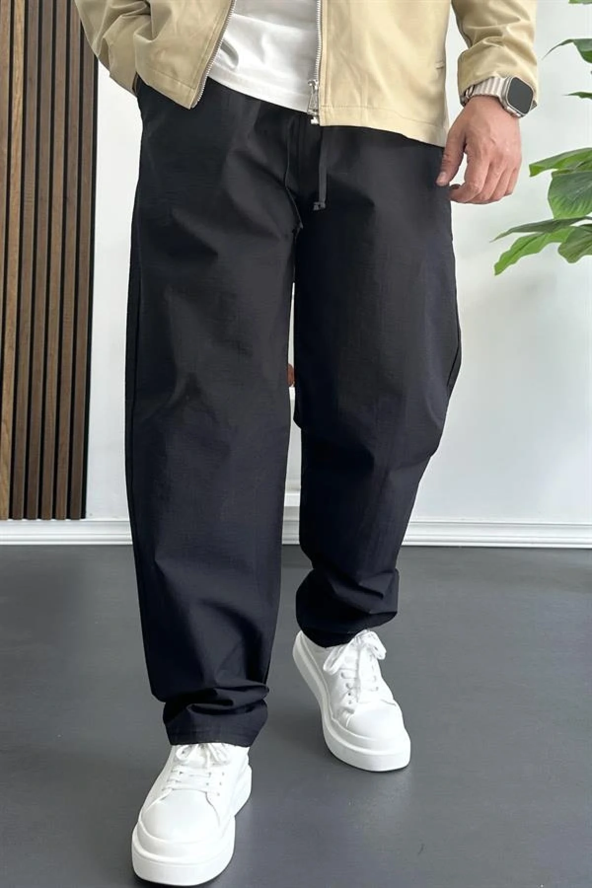 Erkek Beli Lastikli Baggy Rahat Pantolon Siyah Edw359