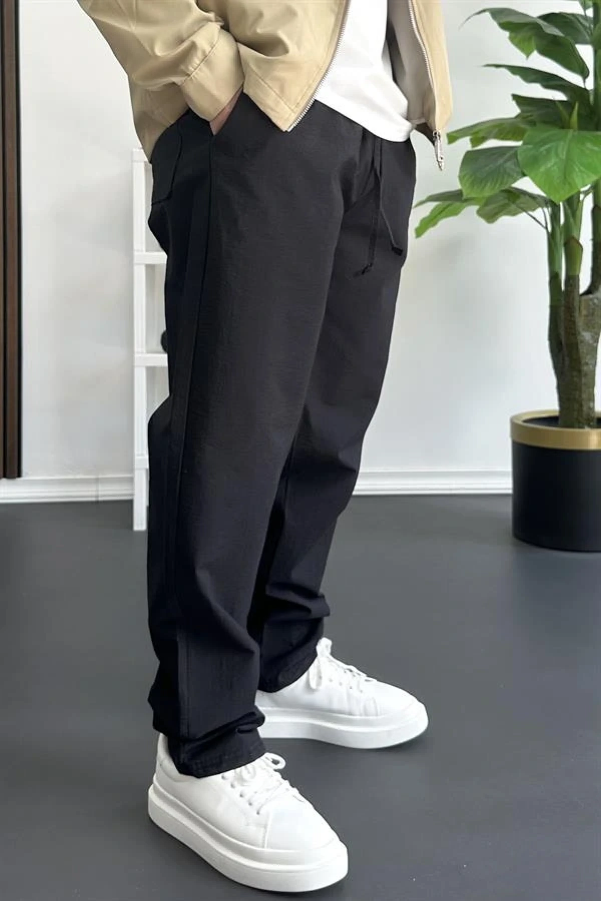 Erkek Beli Lastikli Baggy Rahat Pantolon Siyah Edw359