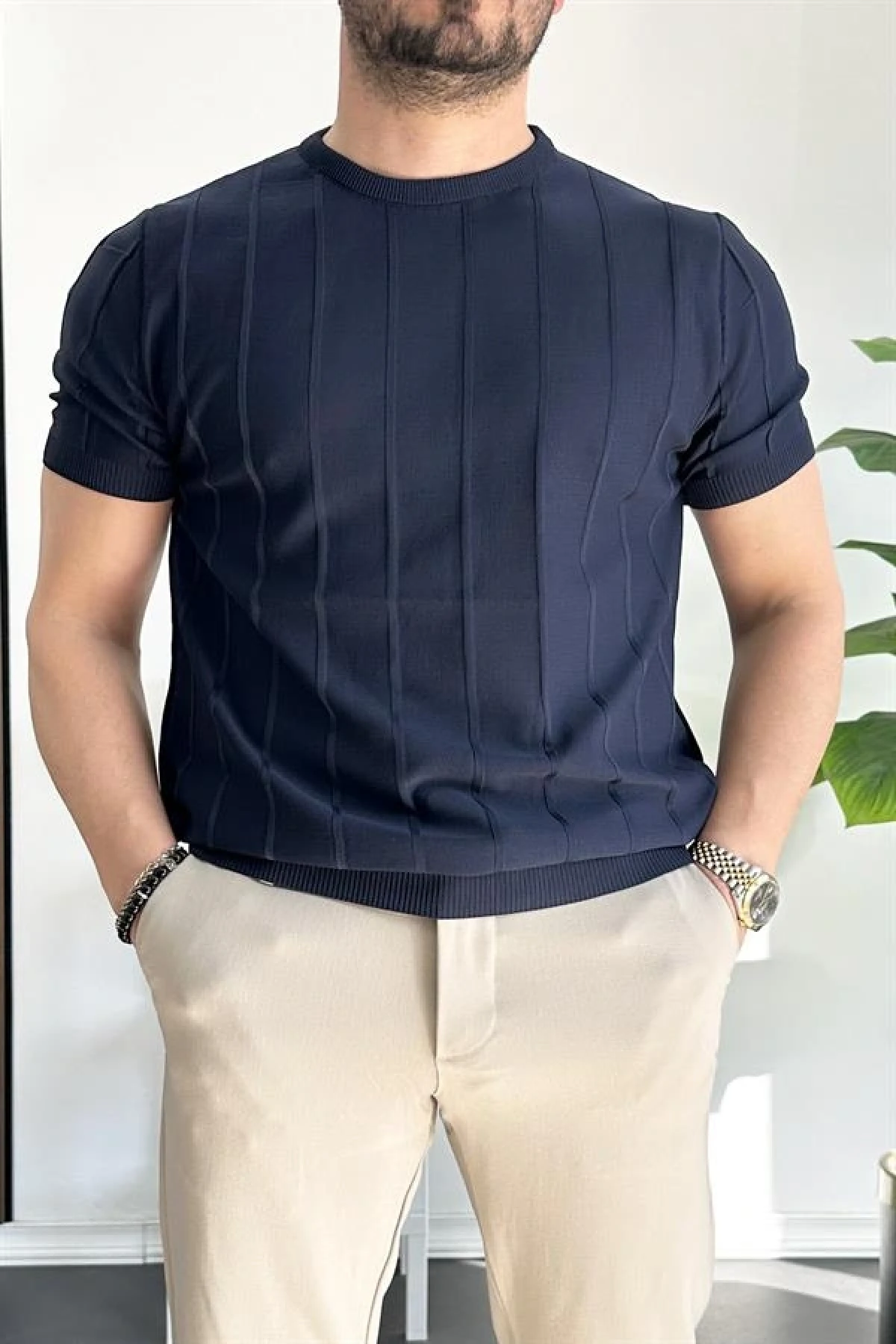 Erkek Bisiklet Yaka Desenli Tişört Lacivert Edw260