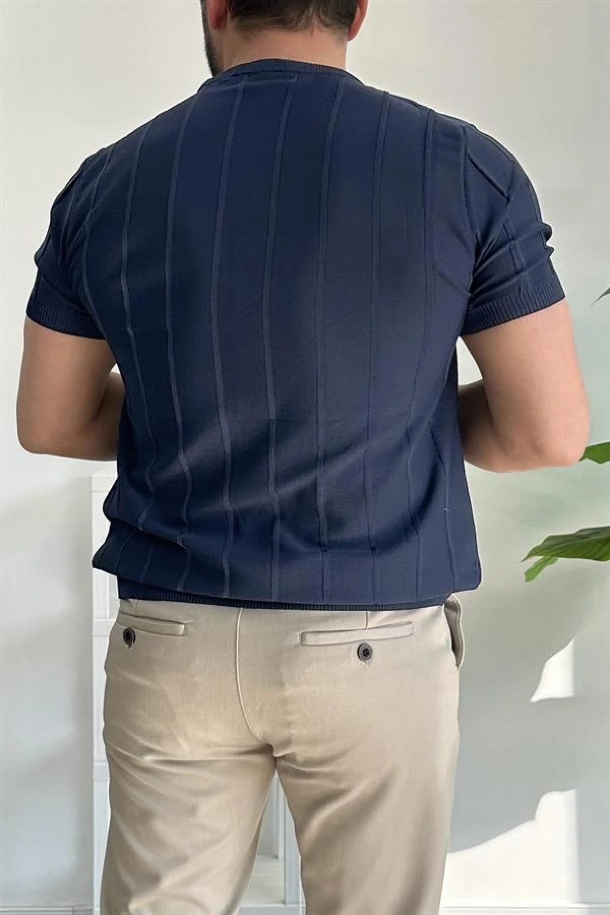 Erkek Bisiklet Yaka Desenli Tişört Lacivert Edw260