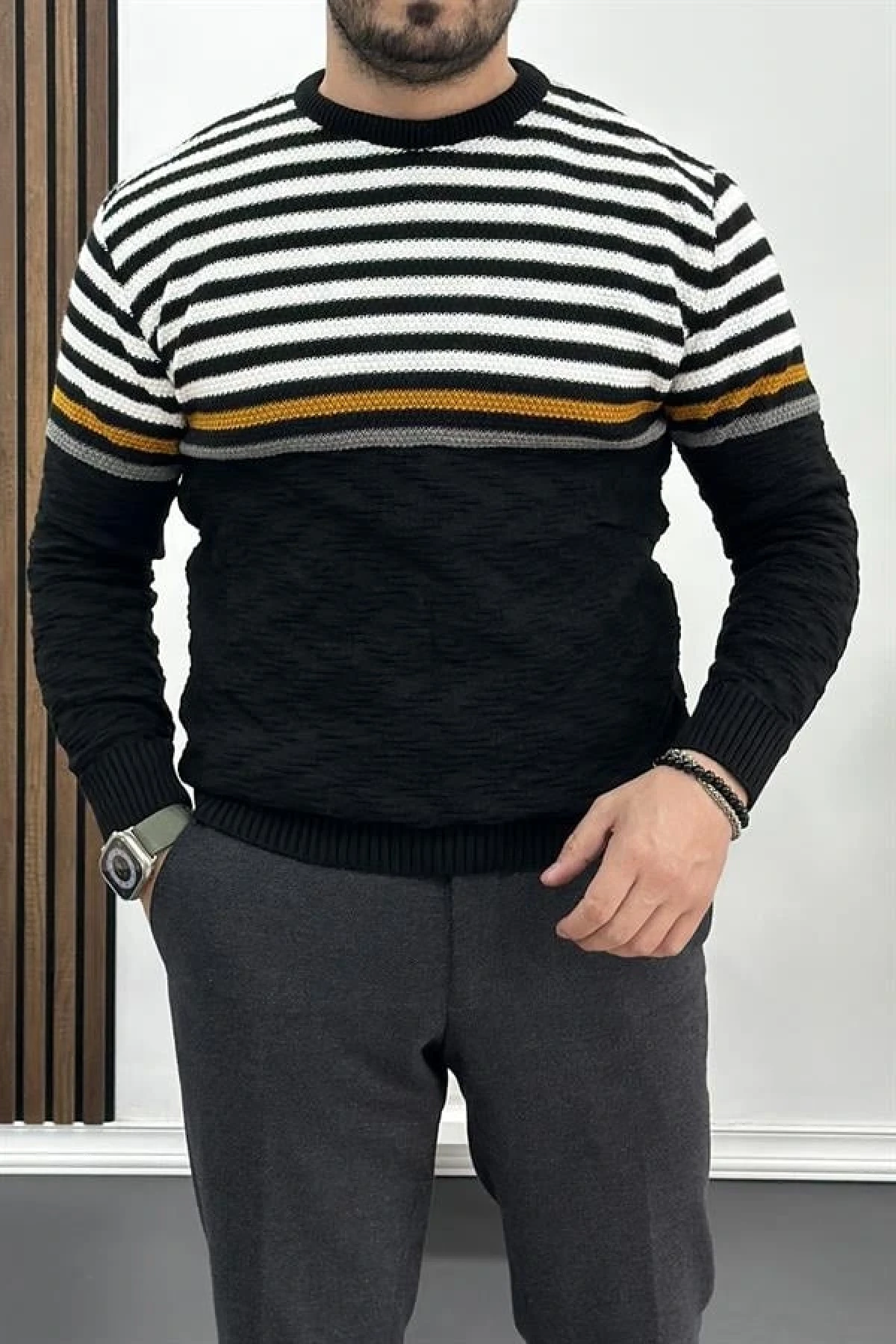 Erkek Çizgili Bisiklet Yaka Slim Fit Triko Kazak Siyah Edw019