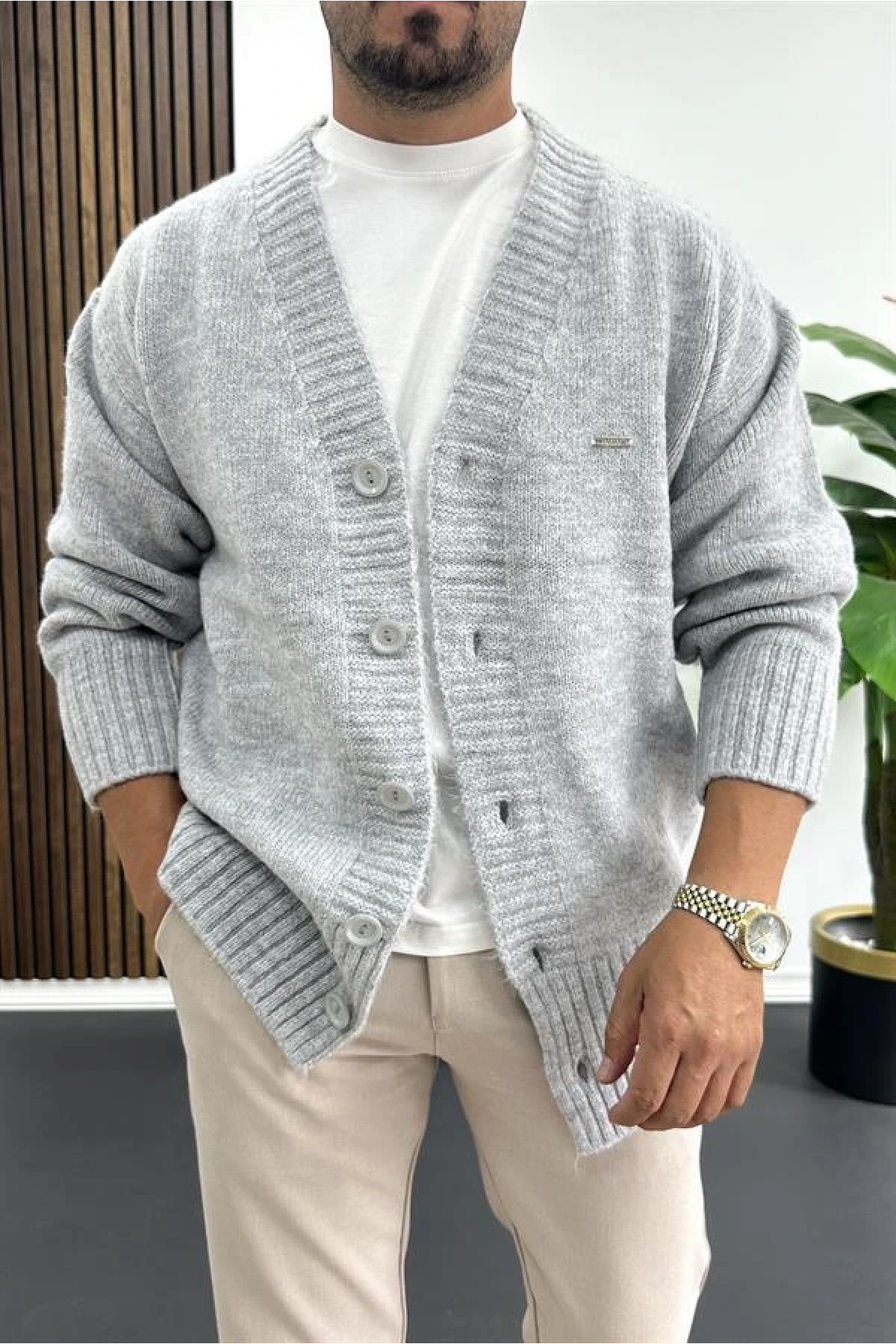 Erkek Düğmeli Rahat Kesim Hırka Gri Edw416