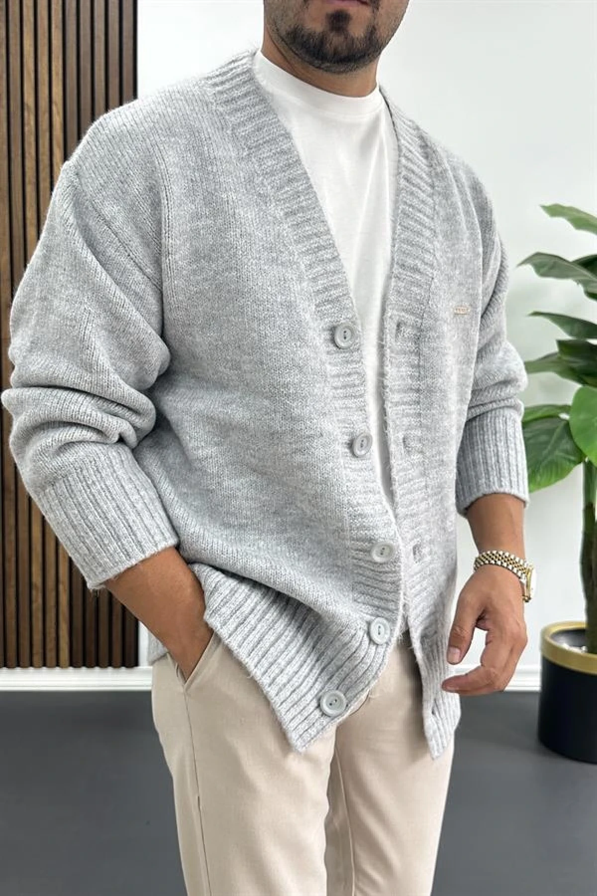 Erkek Düğmeli Rahat Kesim Hırka Gri Edw416