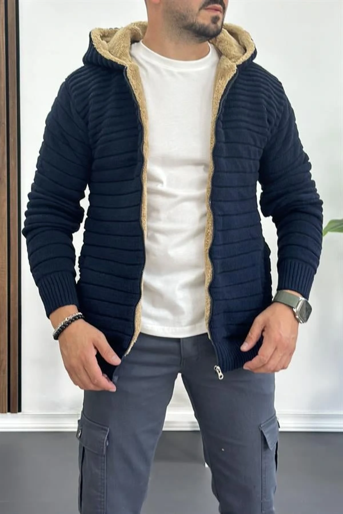 Erkek İçi Kürklü Kapüşonlu Fermuarlı Triko Hırka Lacivert T743