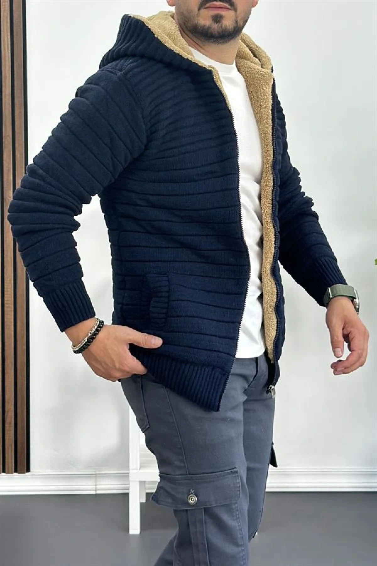 Erkek İçi Kürklü Kapüşonlu Fermuarlı Triko Hırka Lacivert T743