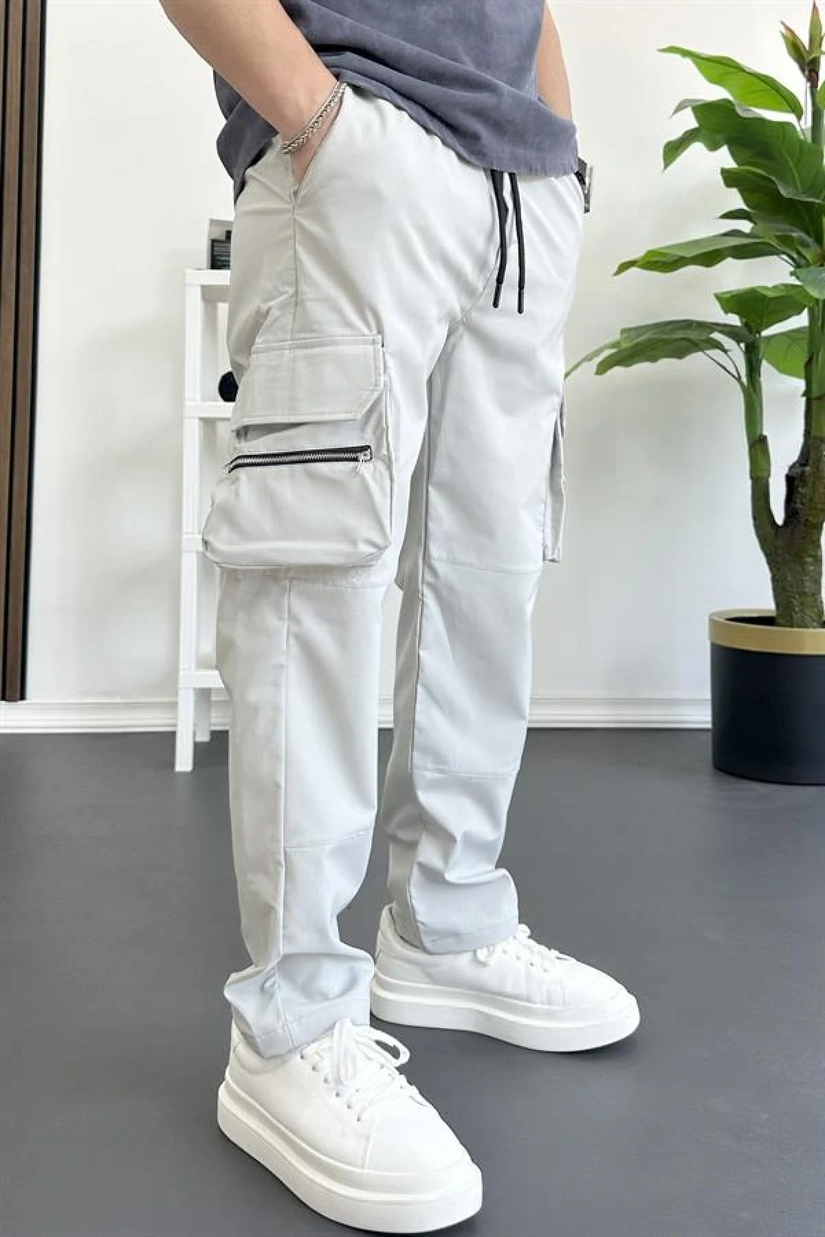 Erkek İnce Baggy Kalıp Kargo Pantolon Gri Edw164