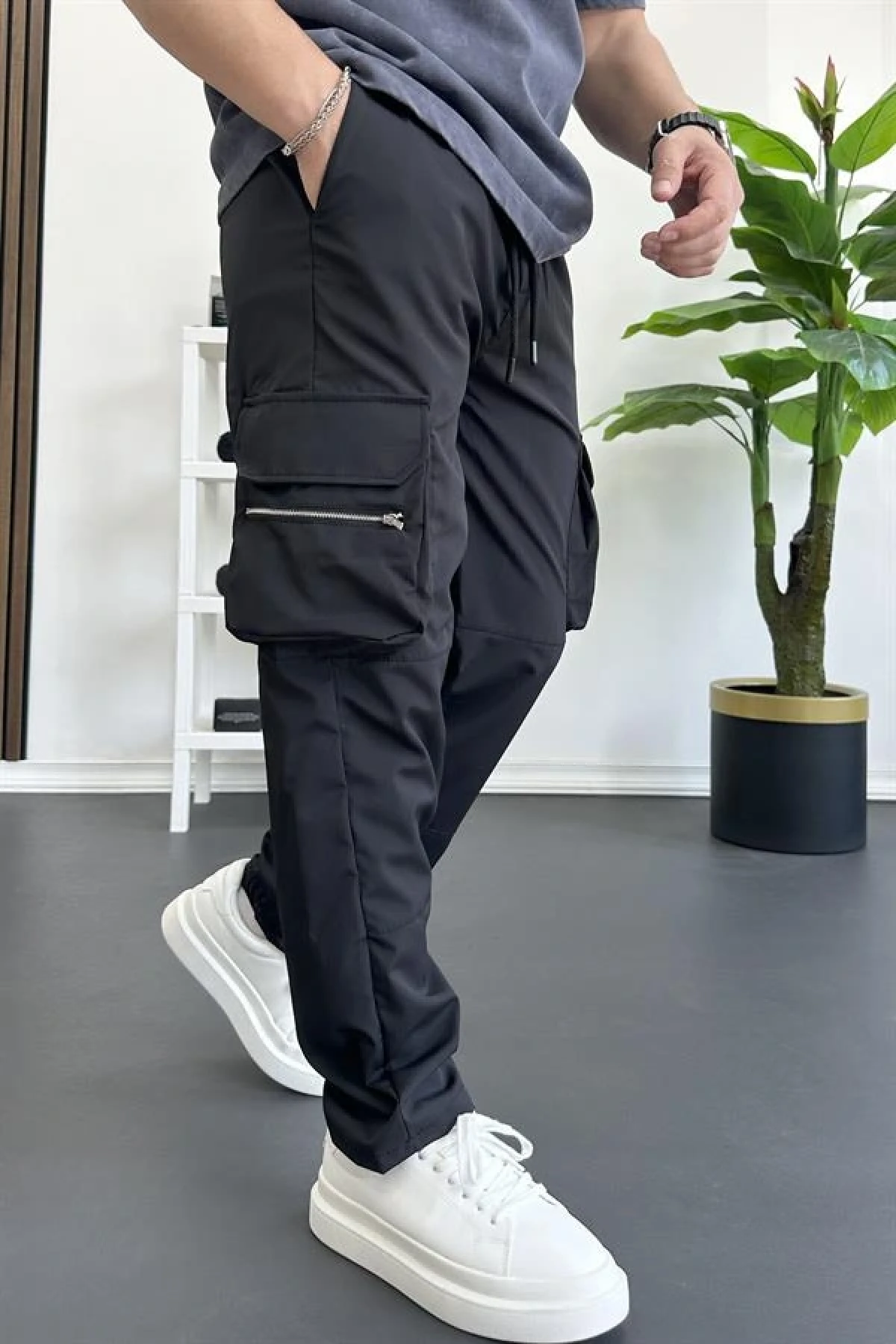 Erkek İnce Baggy Kalıp Kargo Pantolon Siyah Edw164