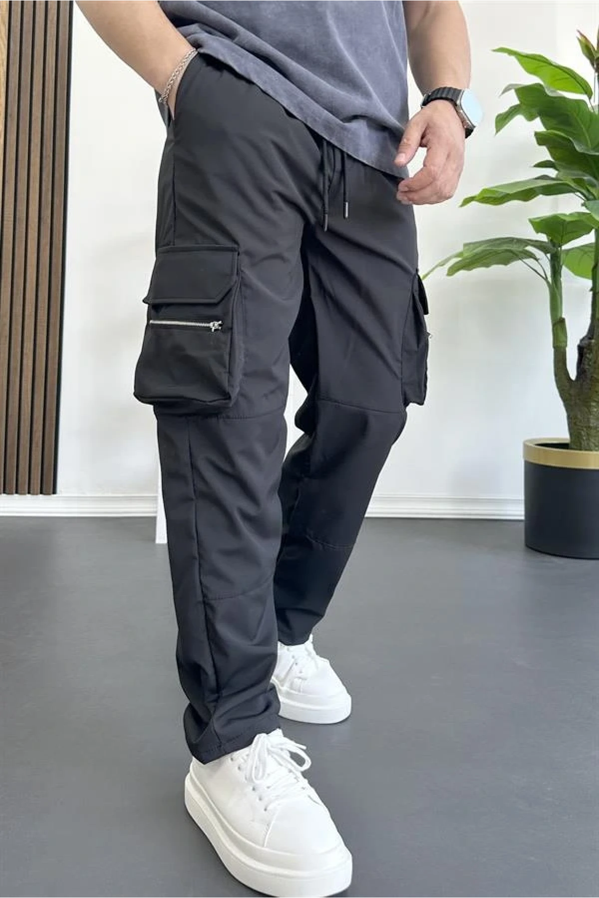 Erkek İnce Baggy Kalıp Kargo Pantolon Siyah Edw164