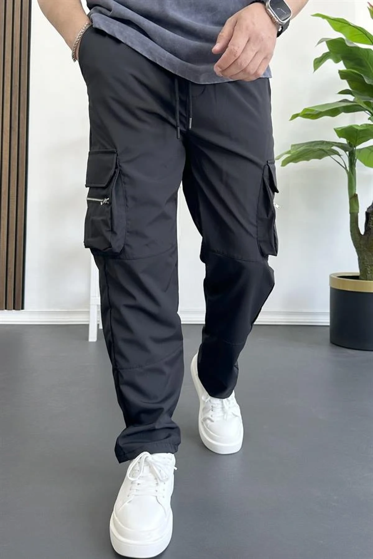 Erkek İnce Baggy Kalıp Kargo Pantolon Siyah Edw164
