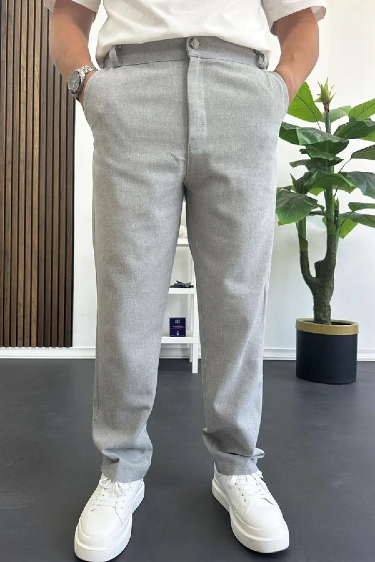 Erkek Normal Kesim Keten Pantolon Gri Edw386