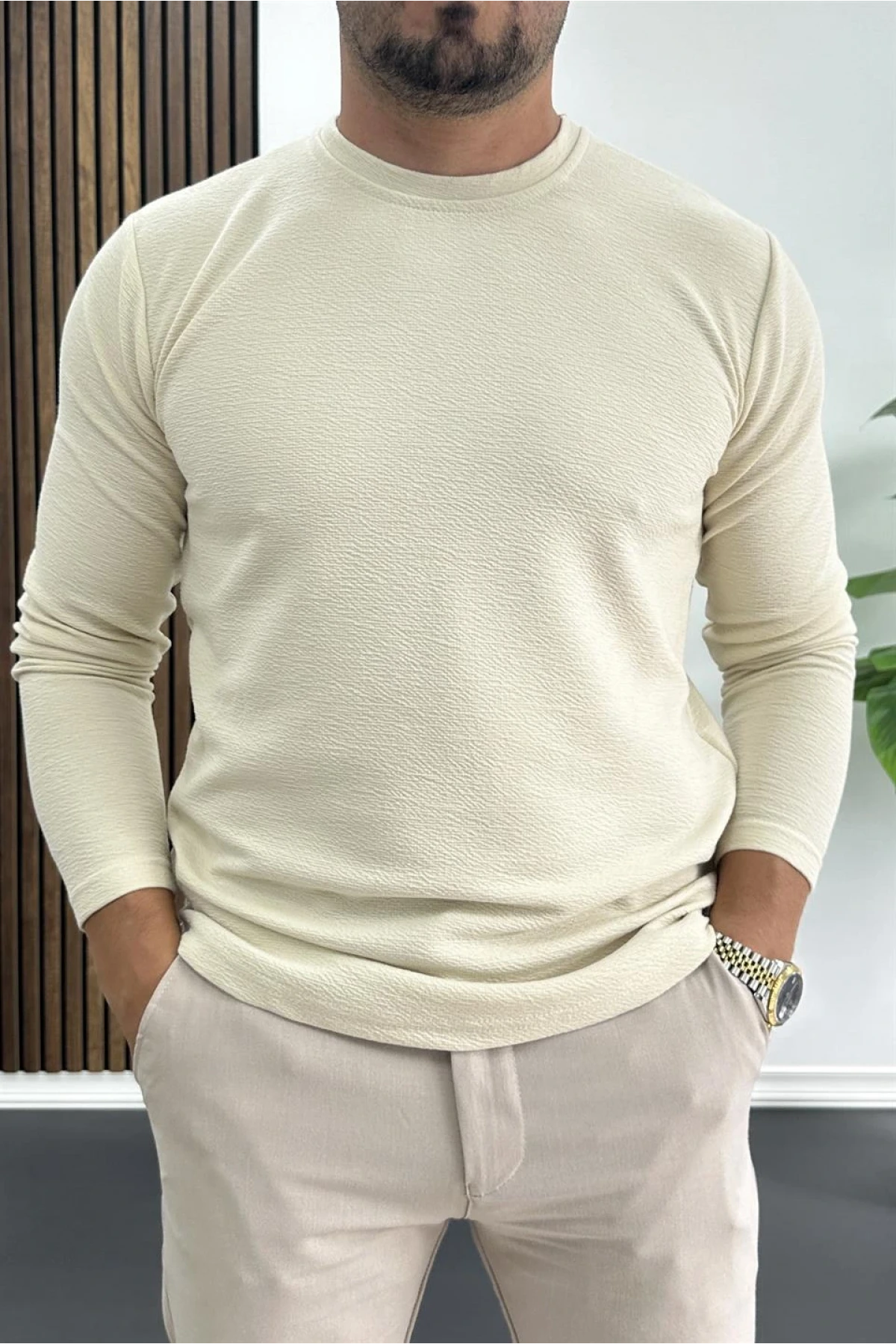 Erkek Oval Kesim Bisiklet Yaka Mevsimlik Sweatshirt Krem Edw421