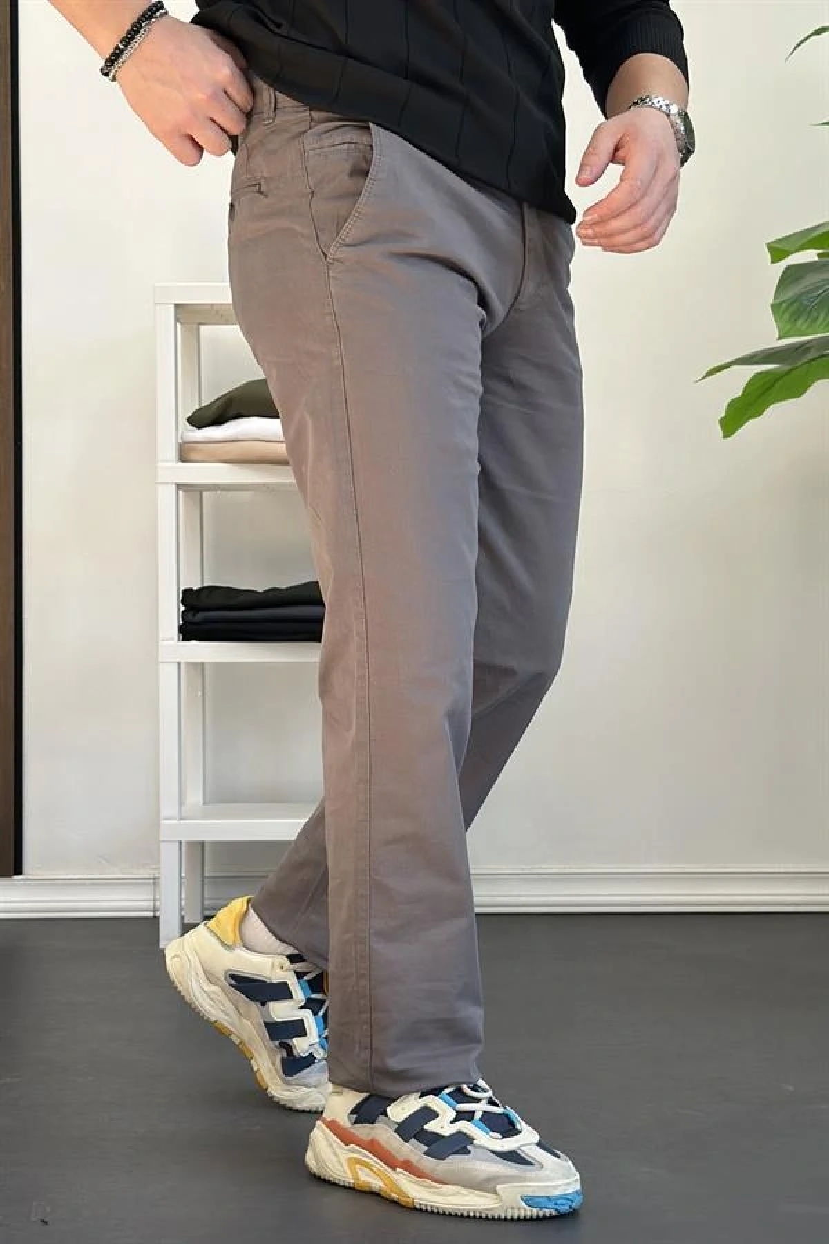 Erkek Pamuklu Chino Pantolon Standart Kalıp Gri Edw225