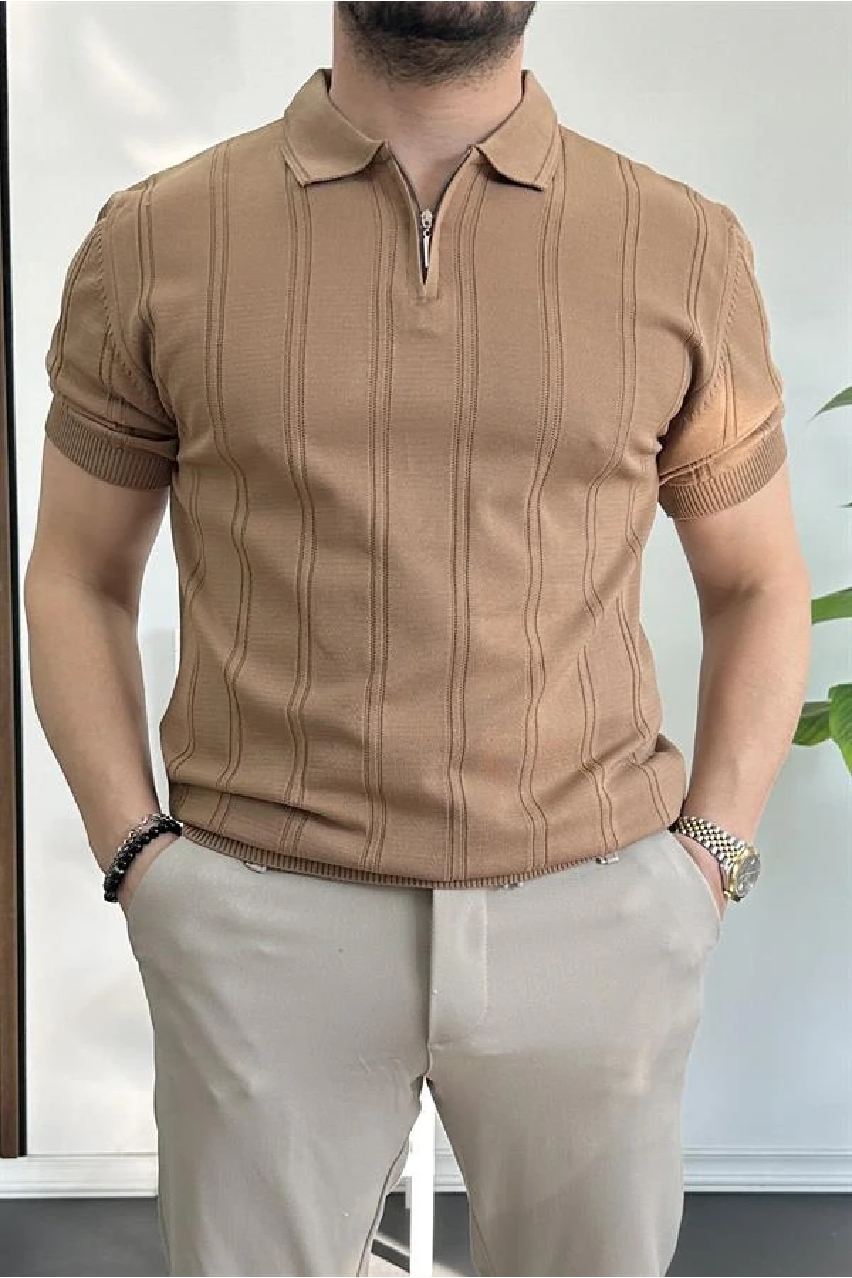 Erkek Polo Yaka Fermuarlı Desenli Tişört Kahverengi Edw262