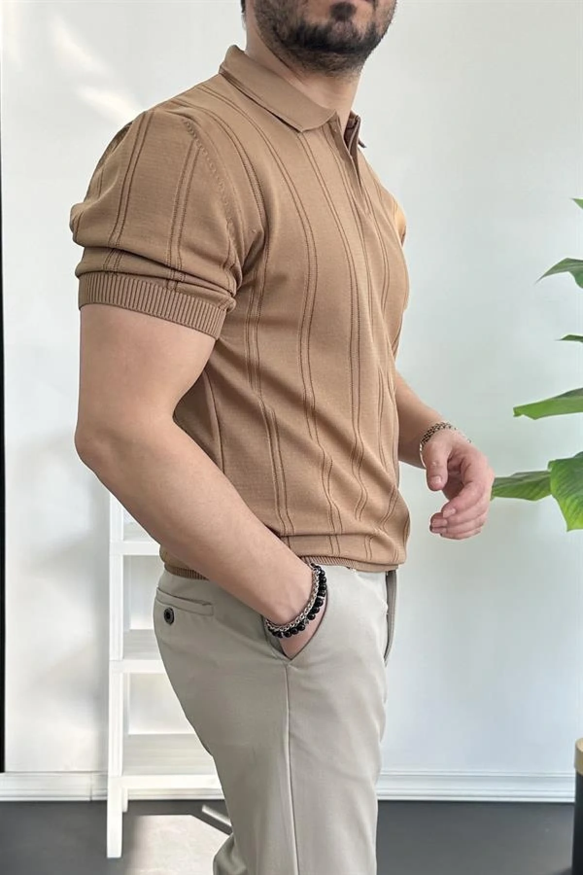 Erkek Polo Yaka Fermuarlı Desenli Tişört Kahverengi Edw262