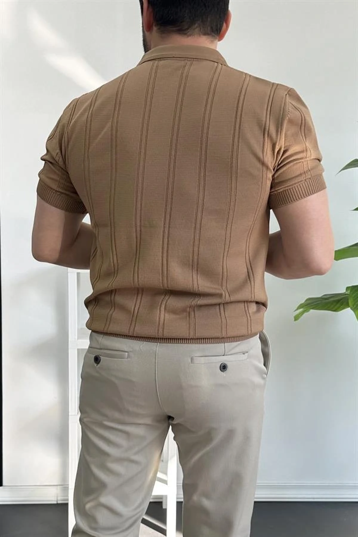 Erkek Polo Yaka Fermuarlı Desenli Tişört Kahverengi Edw262