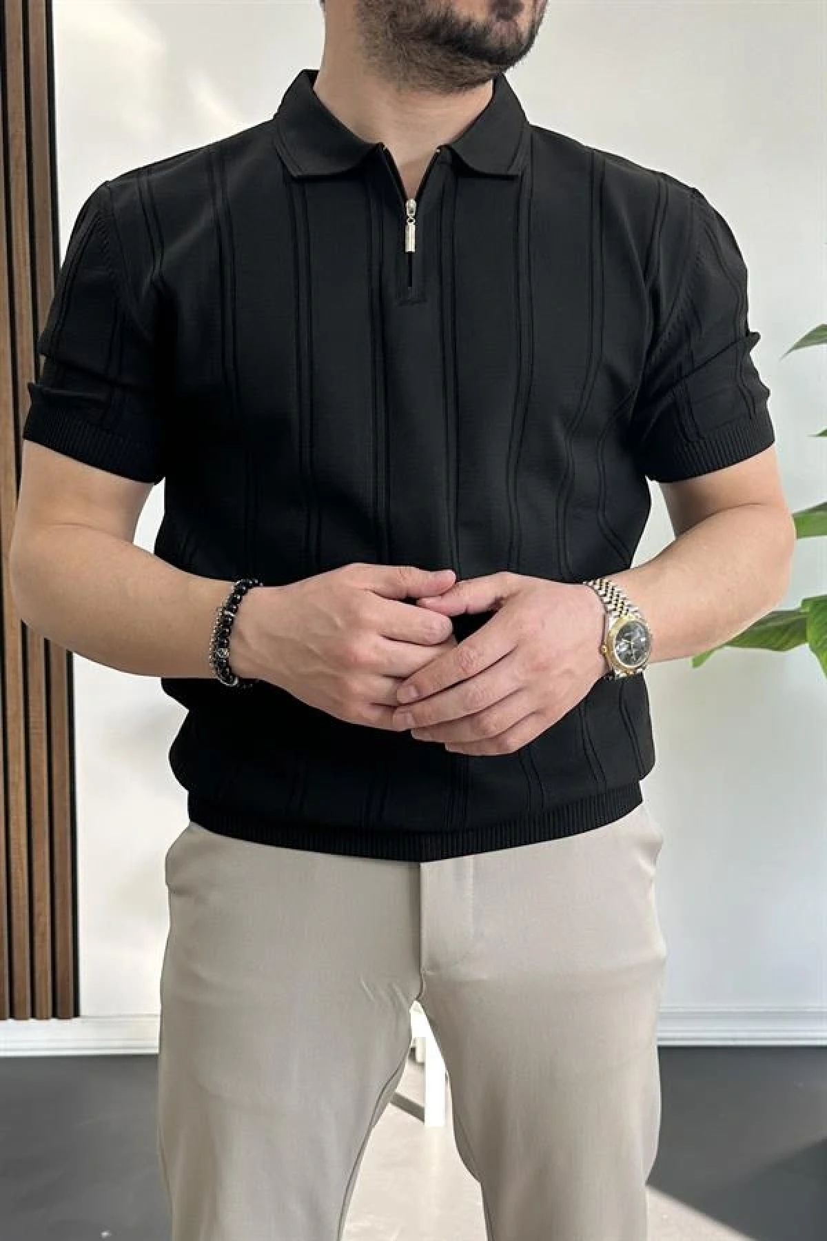 Erkek Polo Yaka Fermuarlı Desenli Tişört Siyah Edw262