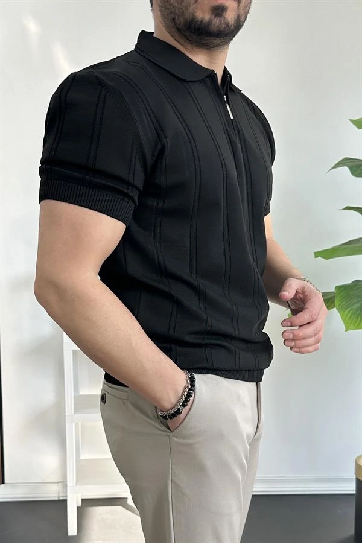 Erkek Polo Yaka Fermuarlı Desenli Tişört Siyah Edw262