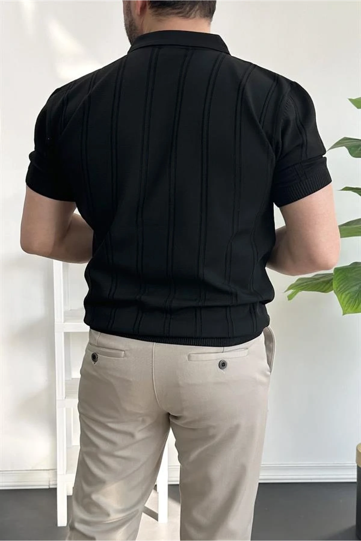 Erkek Polo Yaka Fermuarlı Desenli Tişört Siyah Edw262