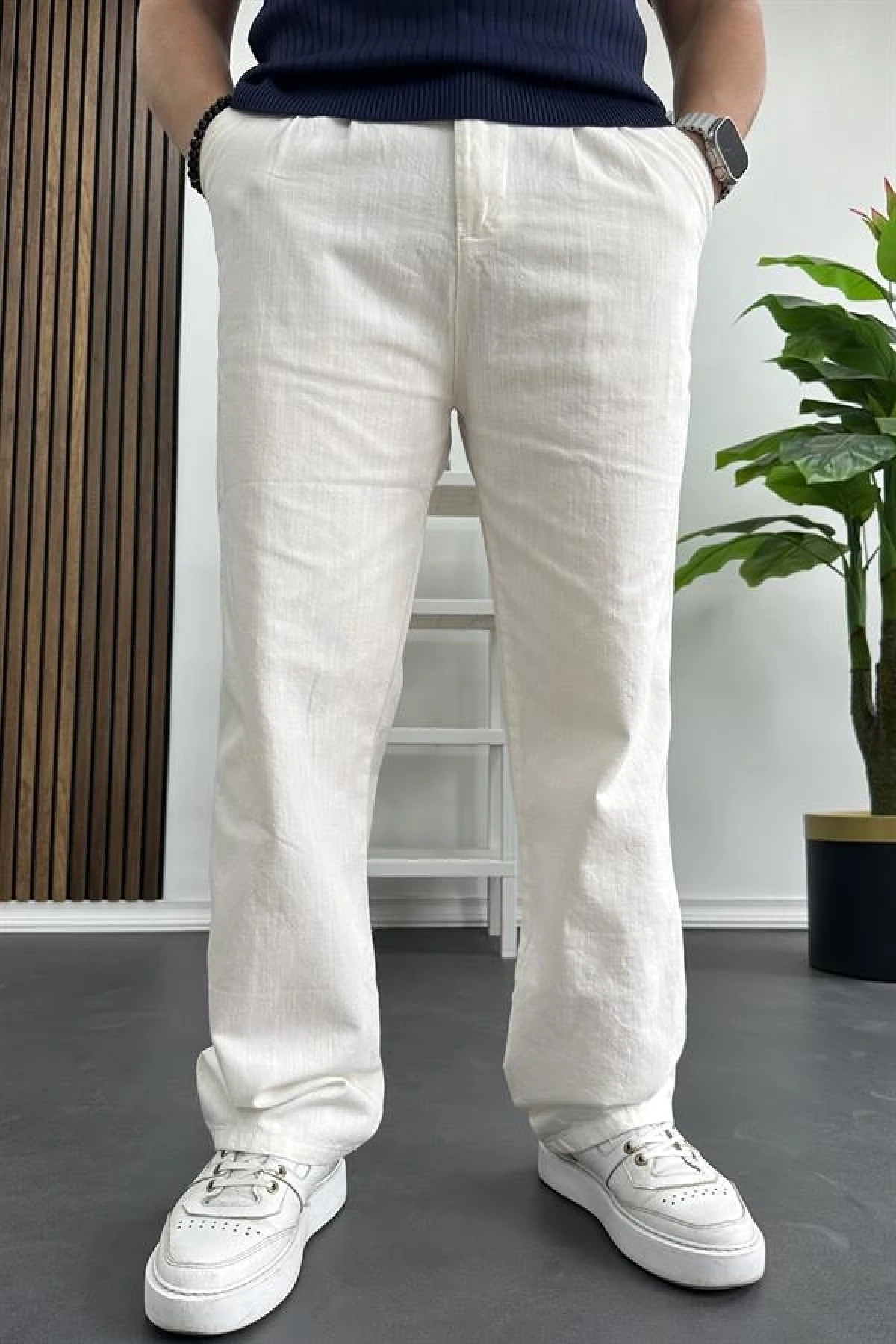 Erkek Rahat Kalıp Keten Pantolon Beyaz Edw266