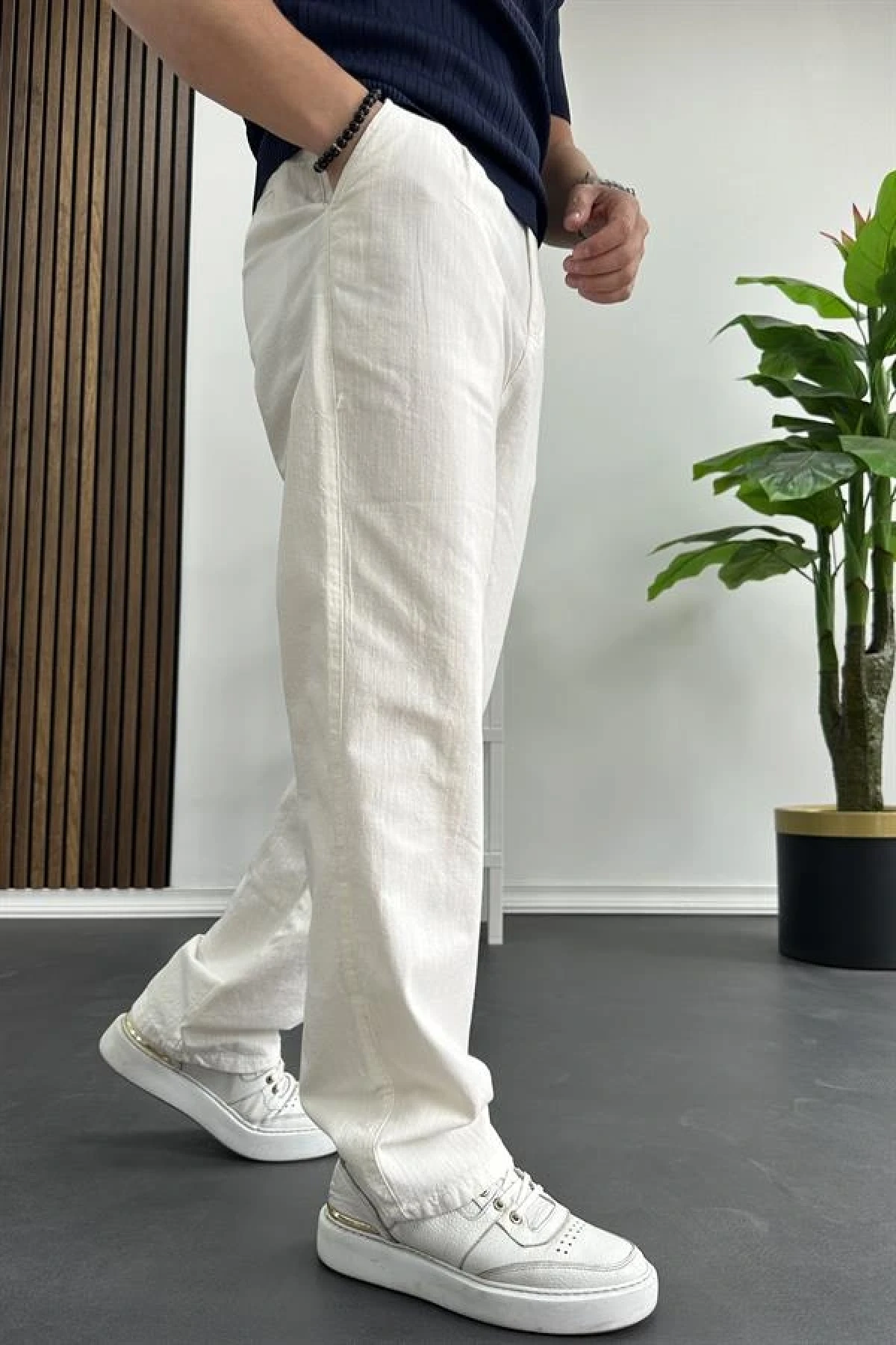 Erkek Rahat Kalıp Keten Pantolon Beyaz Edw266