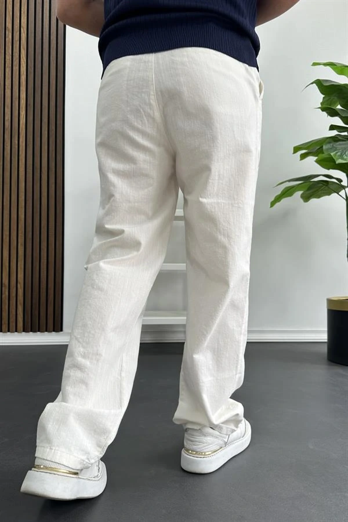 Erkek Rahat Kalıp Keten Pantolon Beyaz Edw266