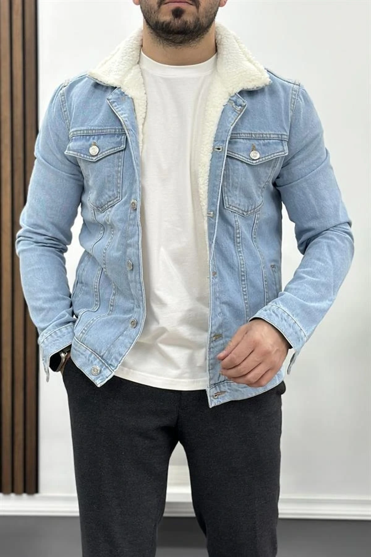 Erkek Slim Fit Cepli İçi Kürklü Düğmeli Kot Ceket Buz Mavi PR113