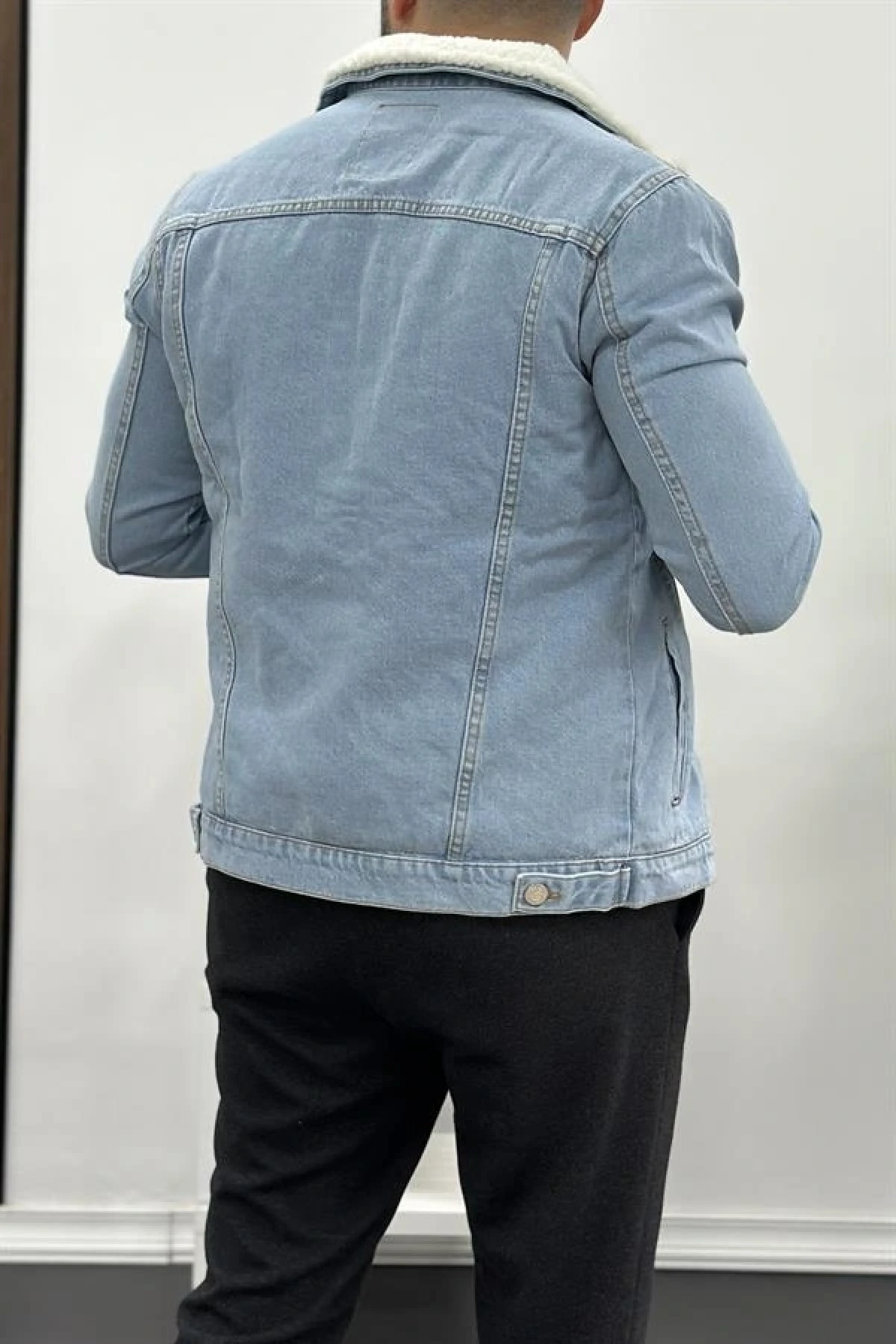 Erkek Slim Fit Cepli İçi Kürklü Düğmeli Kot Ceket Buz Mavi PR113