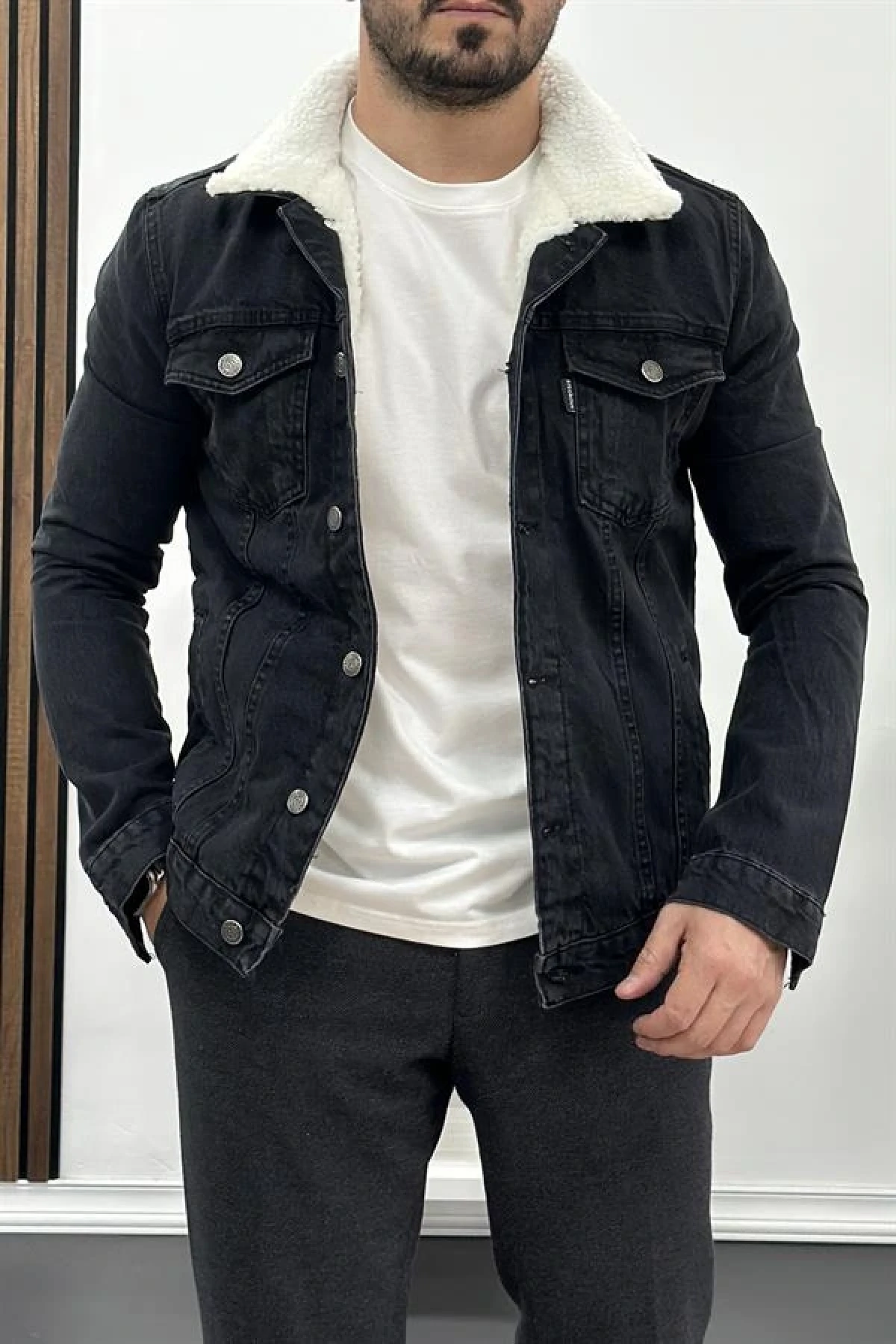 Erkek Slim Fit Cepli İçi Kürklü Düğmeli Kot Ceket Füme PR113