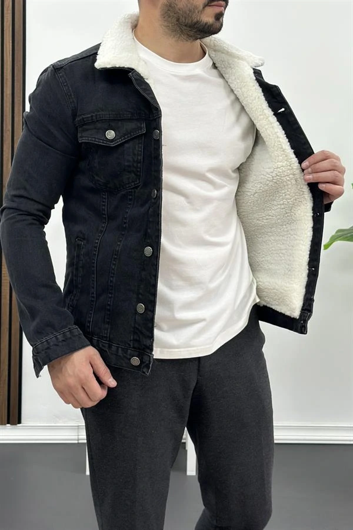 Erkek Slim Fit Cepli İçi Kürklü Düğmeli Kot Ceket Füme PR113