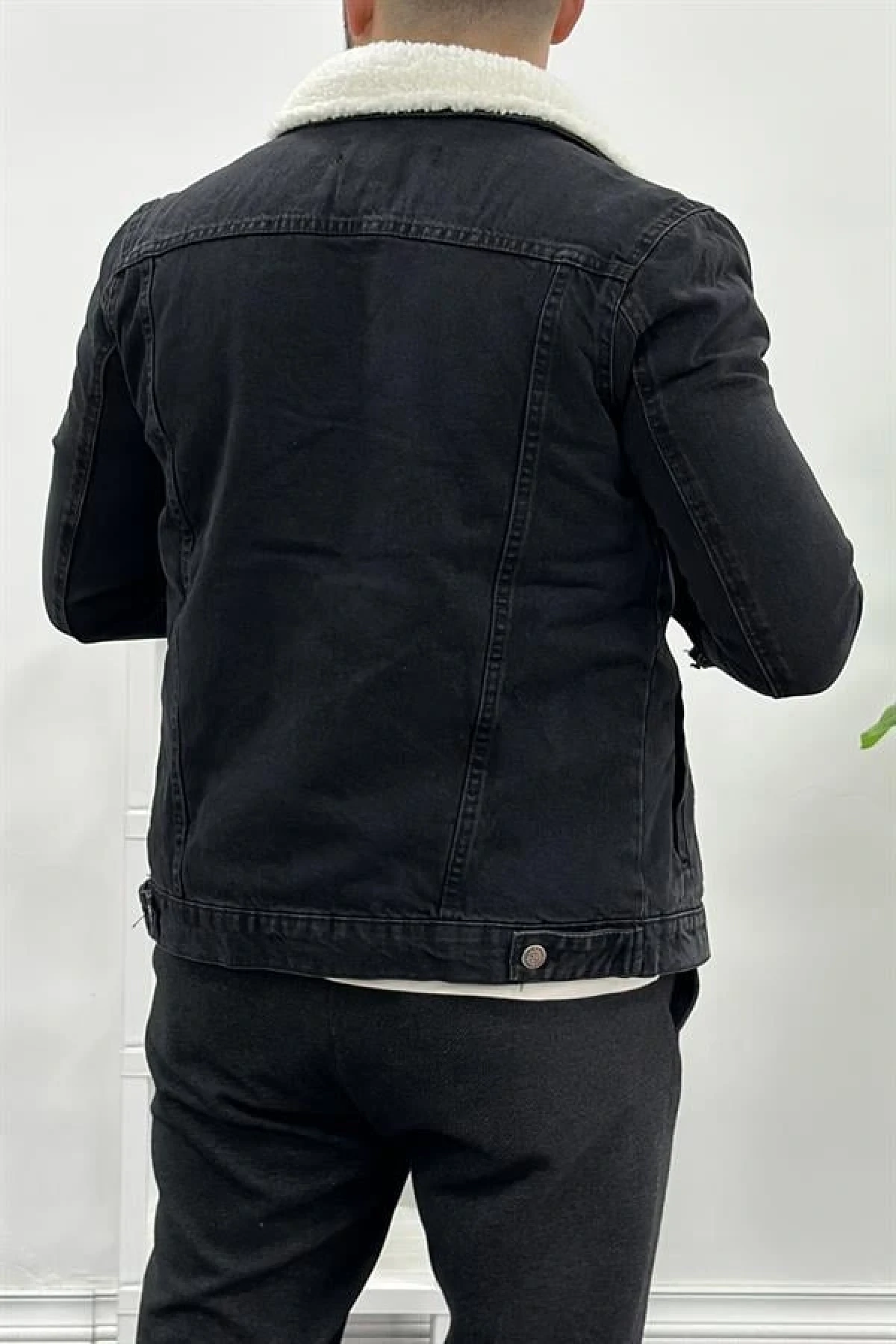 Erkek Slim Fit Cepli İçi Kürklü Düğmeli Kot Ceket Füme PR113