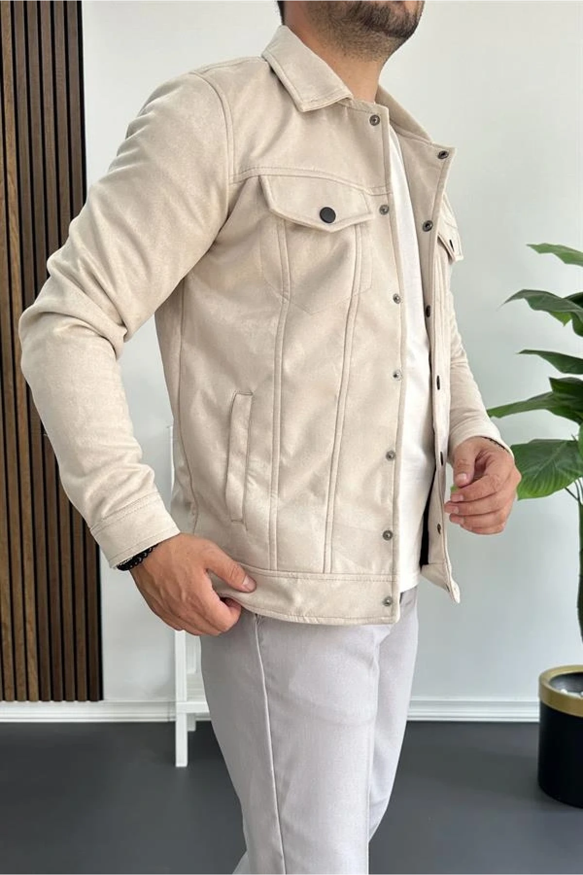 Erkek Slim Fit Cepli Nubuk Ceket Krem Edw081