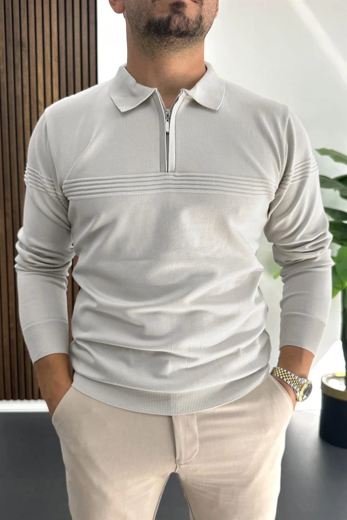 Erkek Slim Fit Çizgi Detaylı Polo Yaka Kazak Gri Edw427