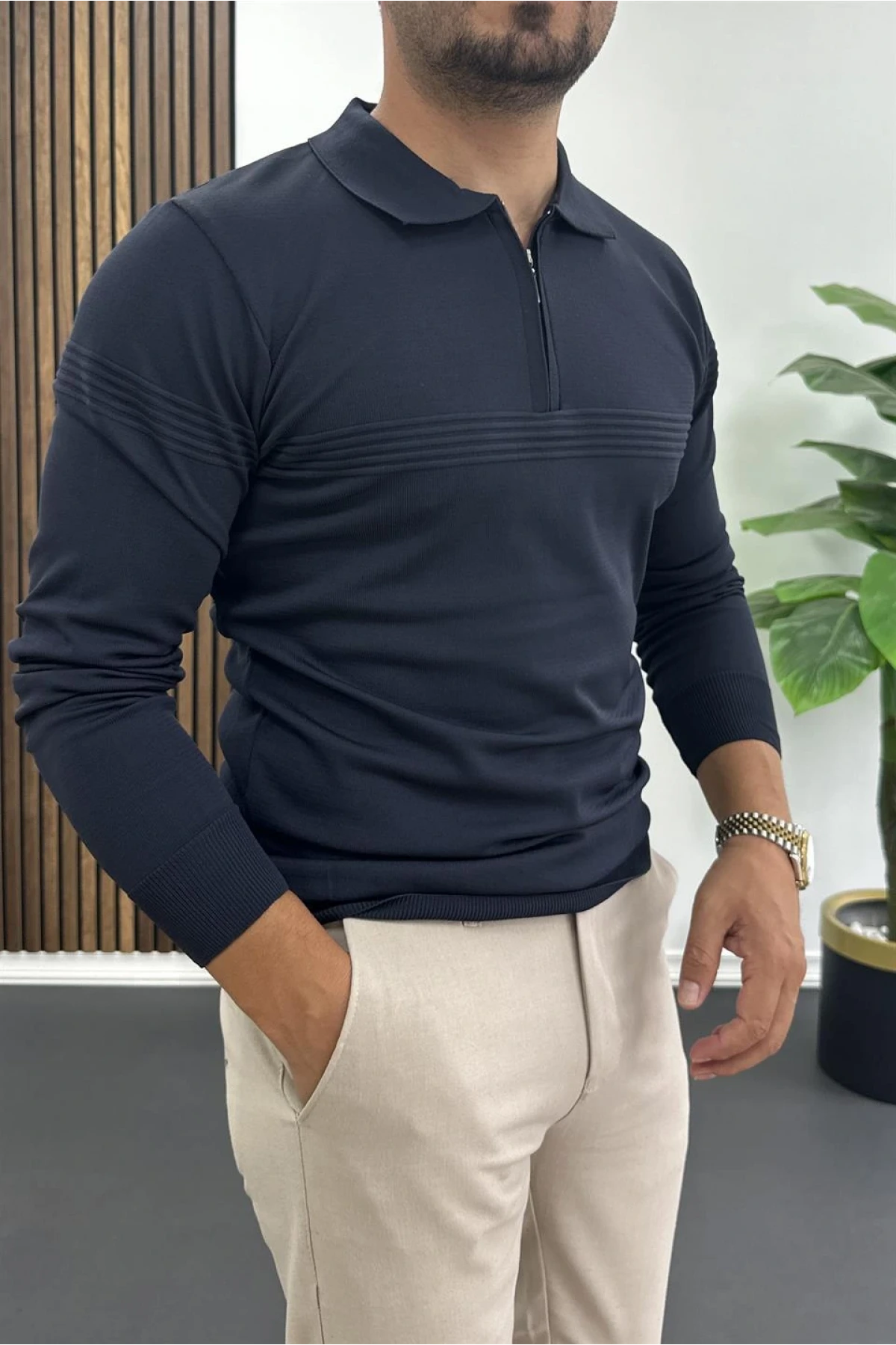 Erkek Slim Fit Çizgi Detaylı Polo Yaka Kazak Lacivert Edw427