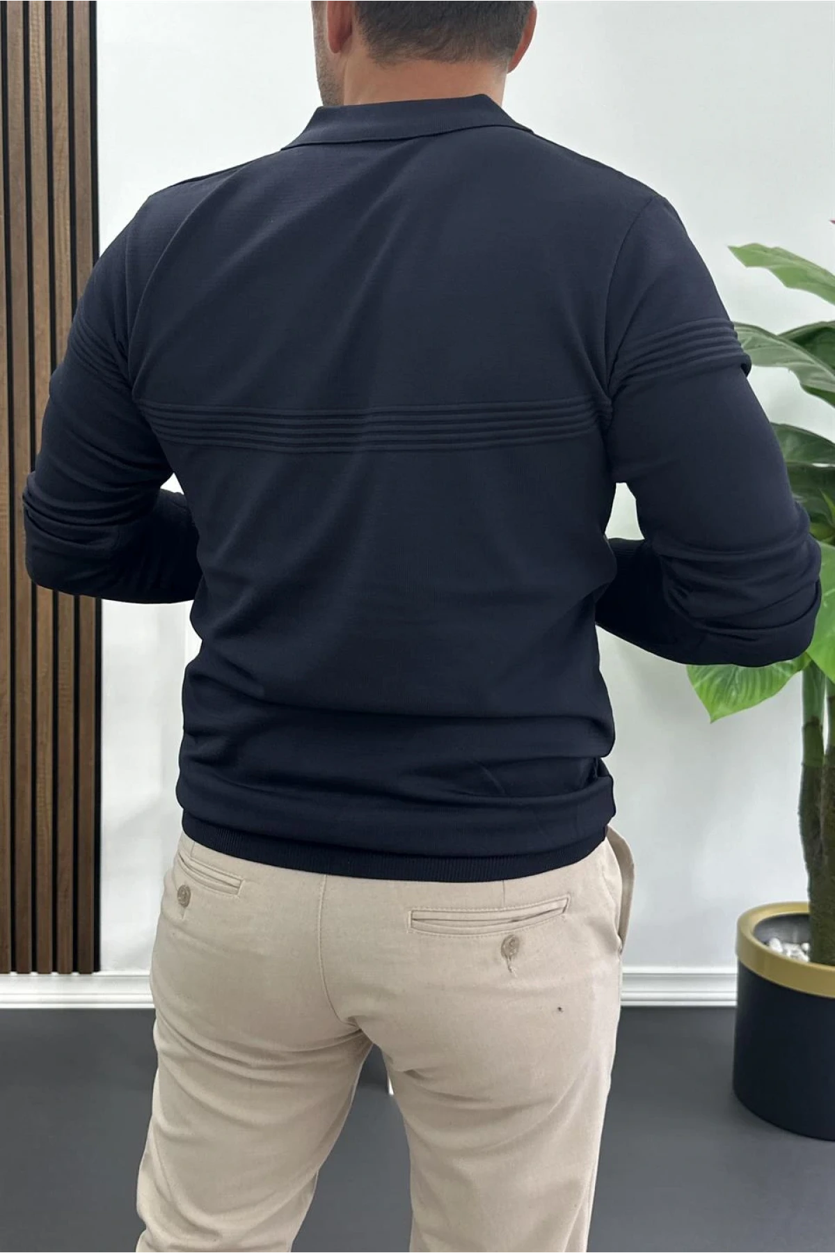 Erkek Slim Fit Çizgi Detaylı Polo Yaka Kazak Lacivert Edw427