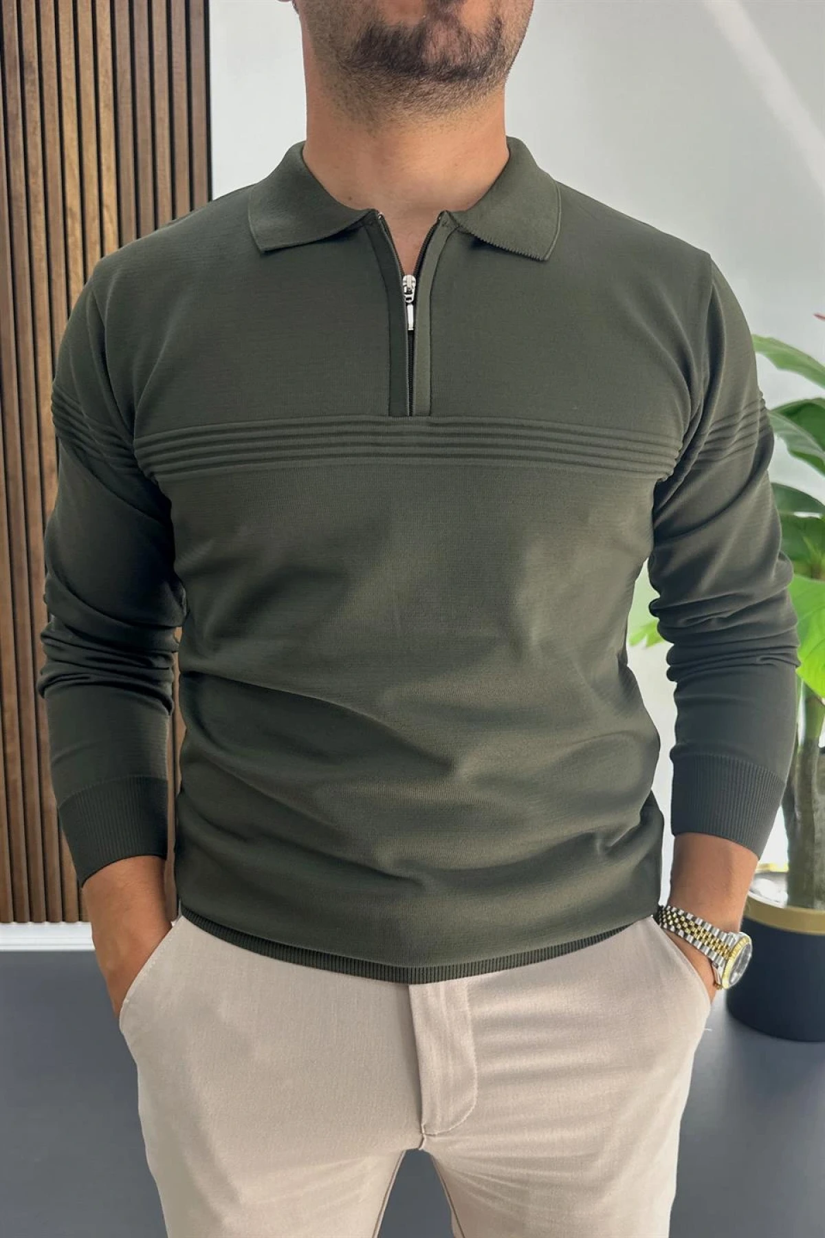 Erkek Slim Fit Çizgi Detaylı Polo Yaka Kazak Yeşil Edw427