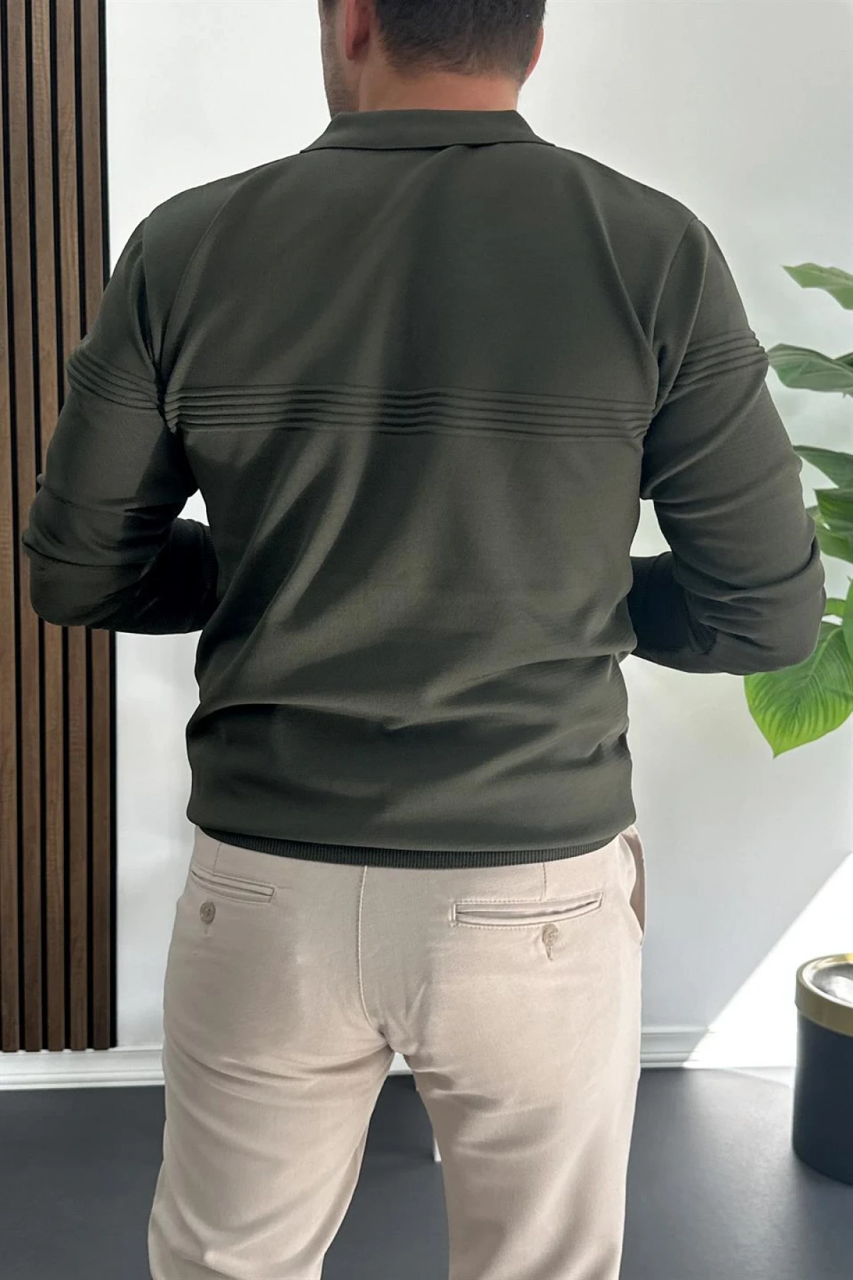 Erkek Slim Fit Çizgi Detaylı Polo Yaka Kazak Yeşil Edw427