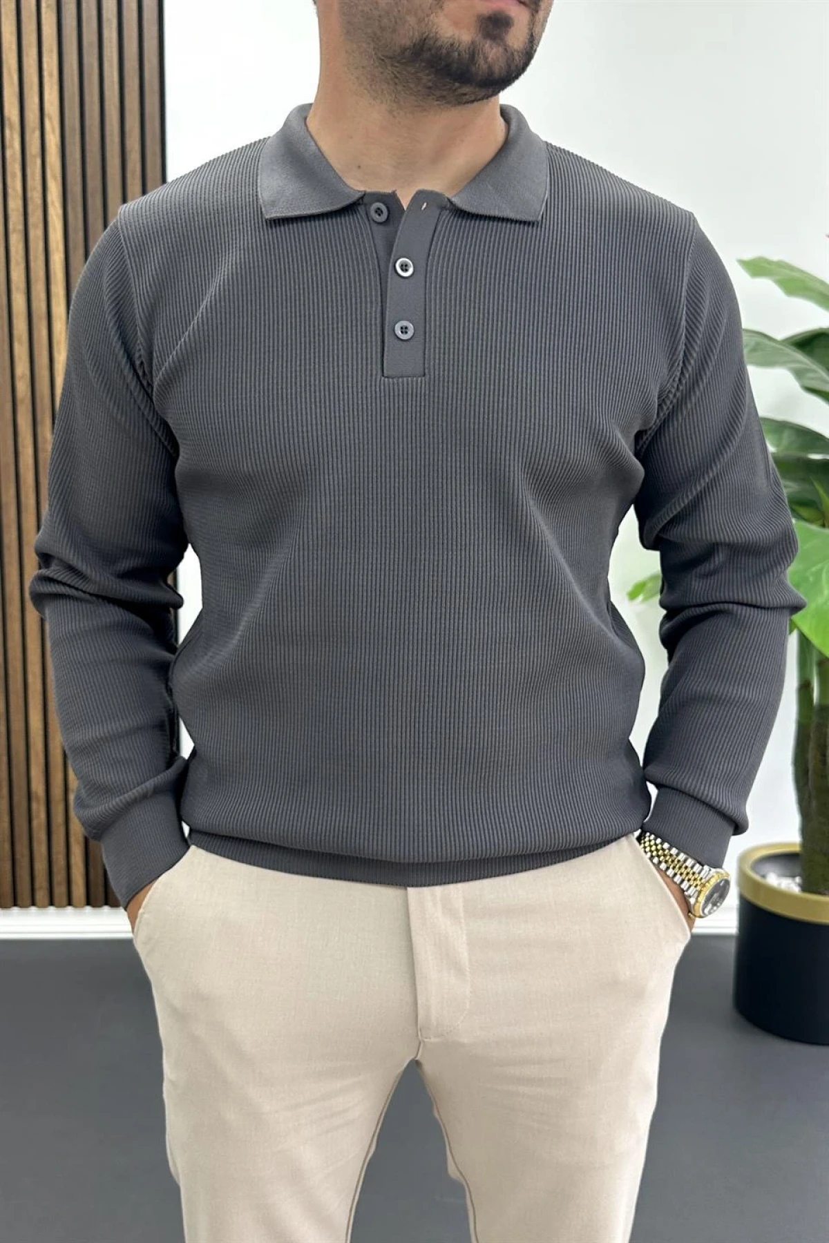 Erkek Slim Fit Desenli Polo Yaka Kazak Gri Edw426