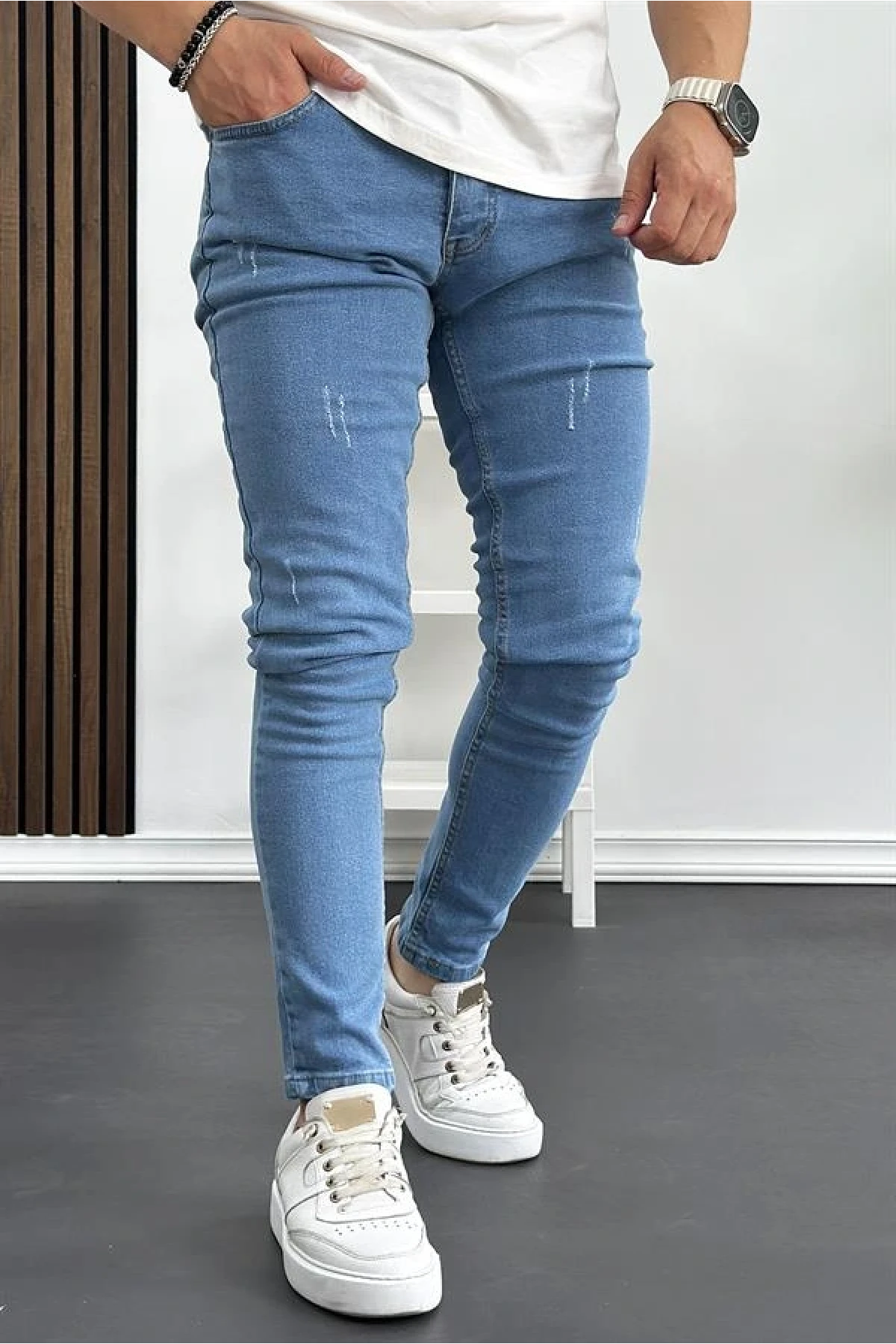Erkek Skinny Ekstra Dar Jean Pantolon Açık Mavi Edw074