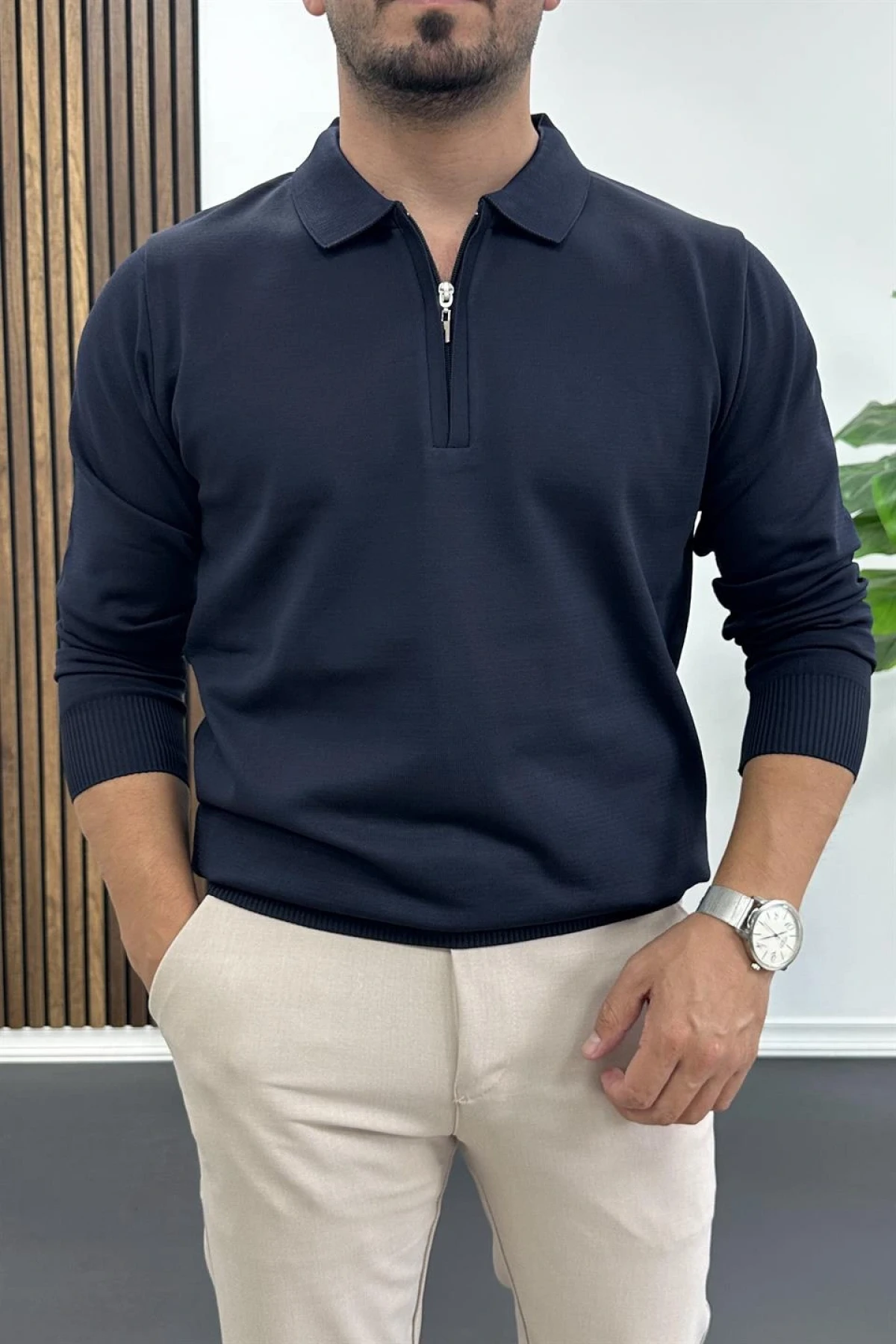 Erkek Yarım Fermuarlı Düz Desen Polo Yaka Kazak Lacivert Edw424