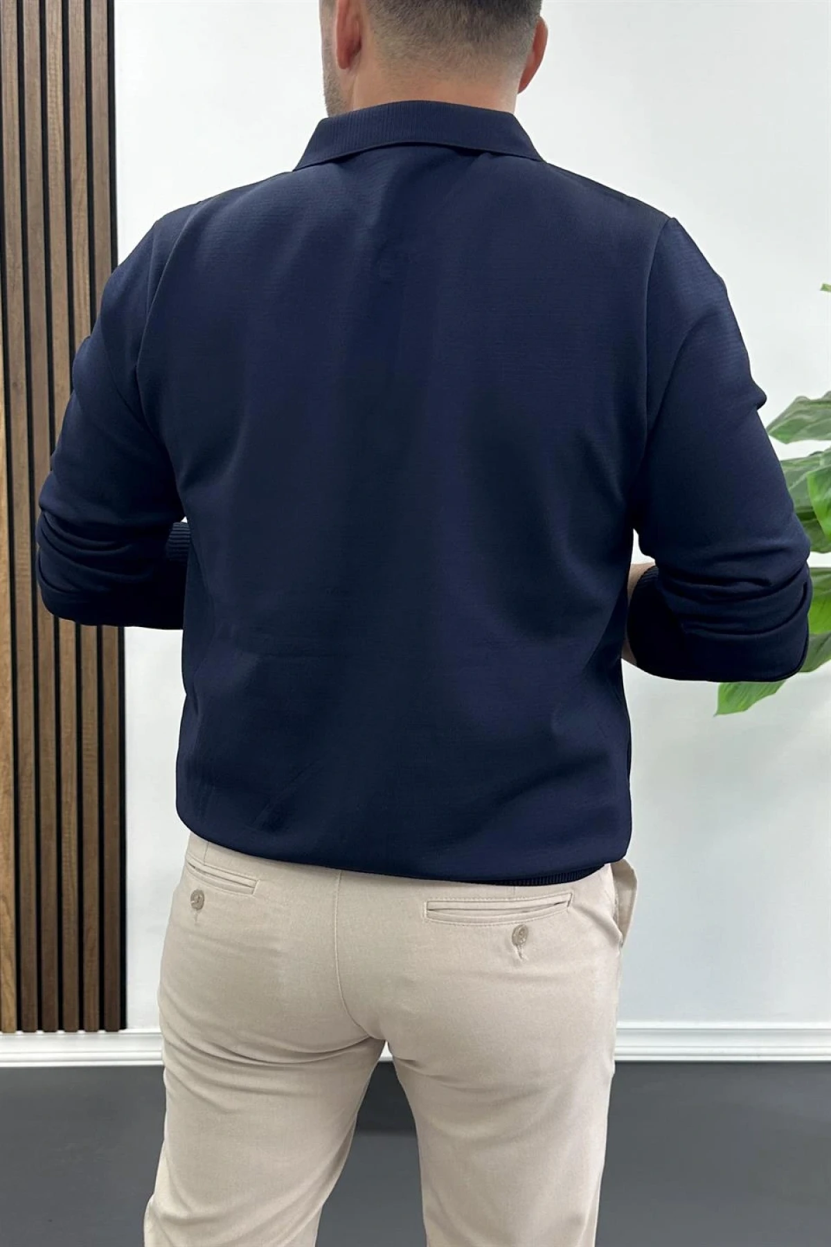 Erkek Yarım Fermuarlı Düz Desen Polo Yaka Kazak Lacivert Edw424