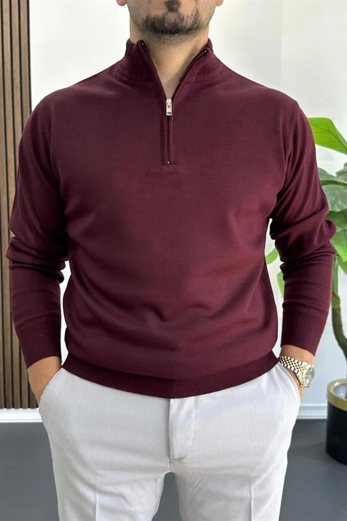Erkek Yarım Fermuarlı Normal Kalıp Kazak Bordo Edw411