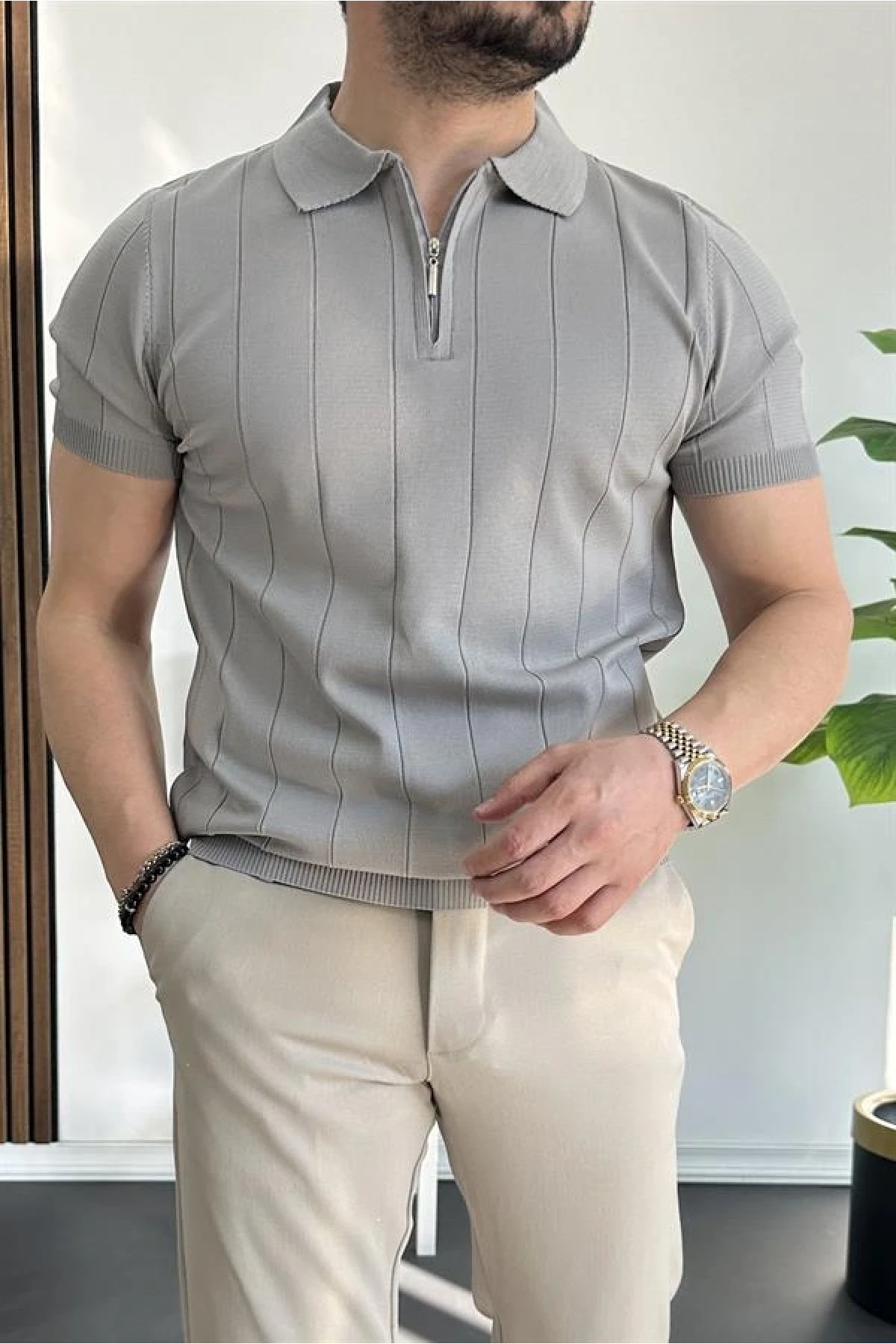 Erkek Yarım Fermuarlı Polo Yaka Tişört Gri Edw257