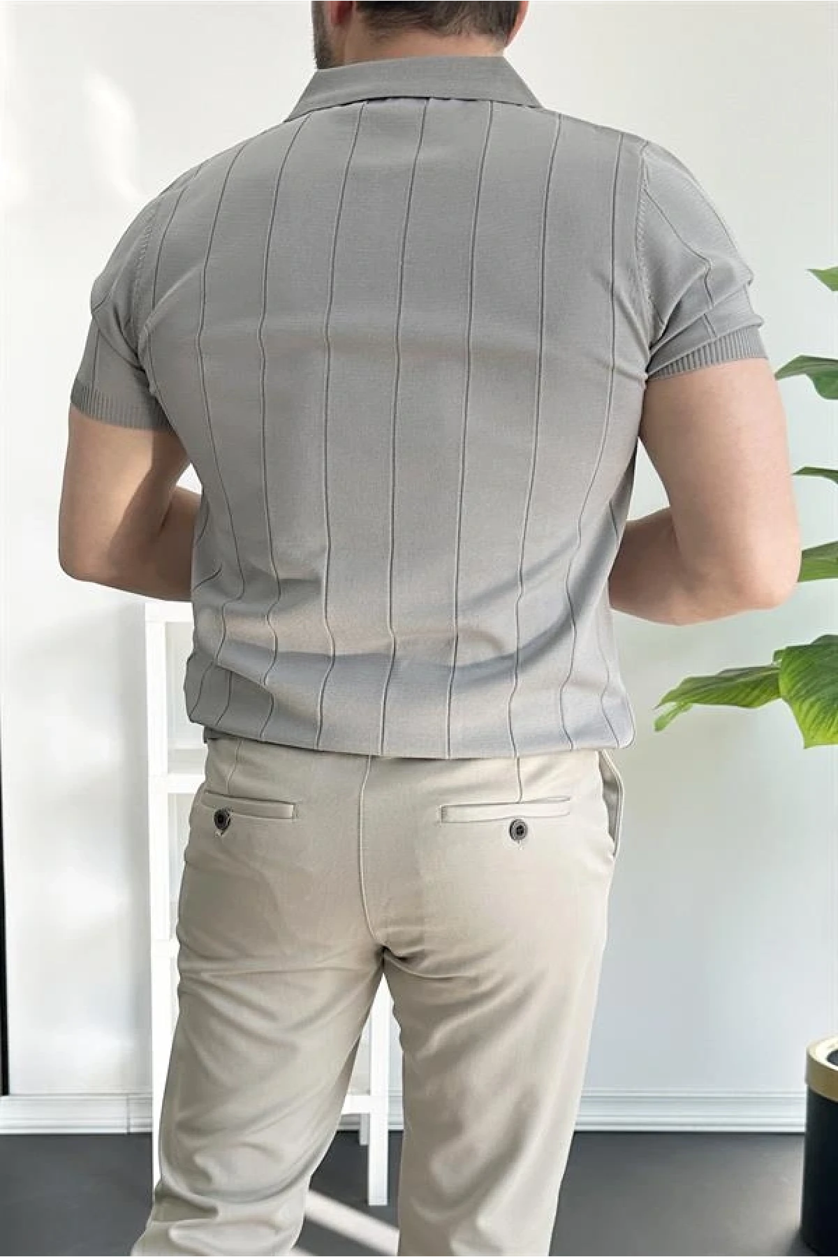 Erkek Yarım Fermuarlı Polo Yaka Tişört Gri Edw257