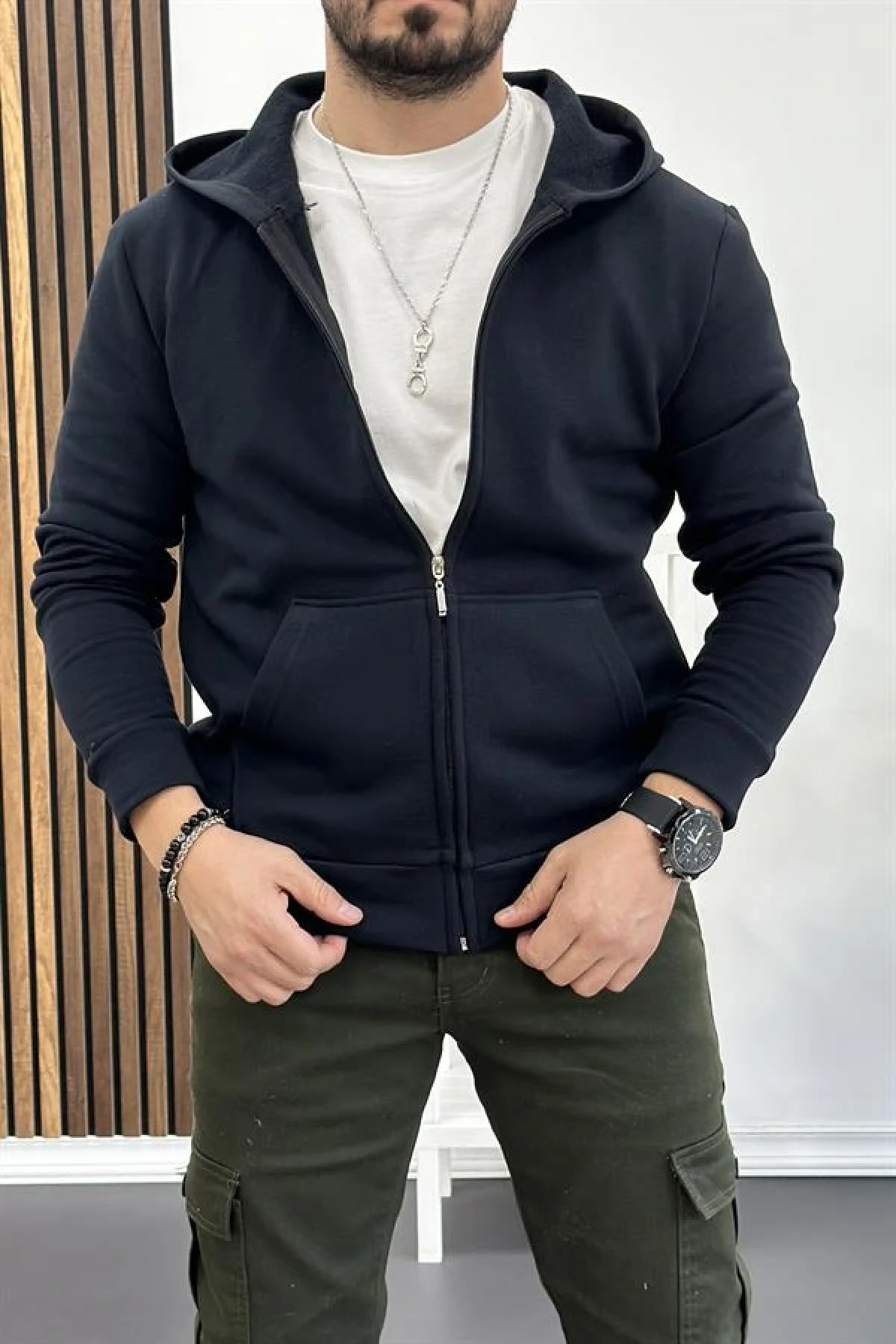 Kapüşonlu 3 İplik Şardonsuz Hırka Lacivert Edw223