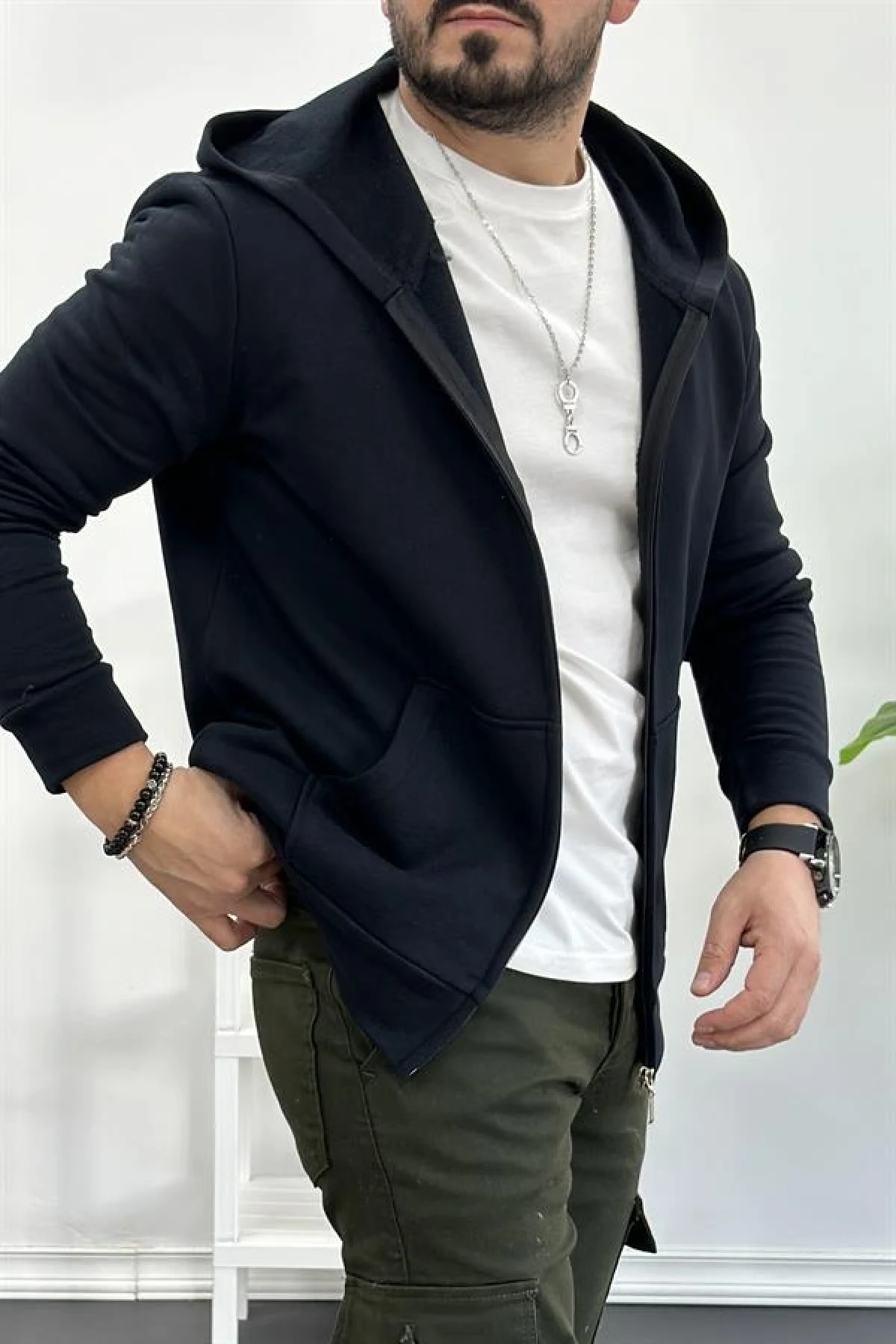 Kapüşonlu 3 İplik Şardonsuz Hırka Lacivert Edw223