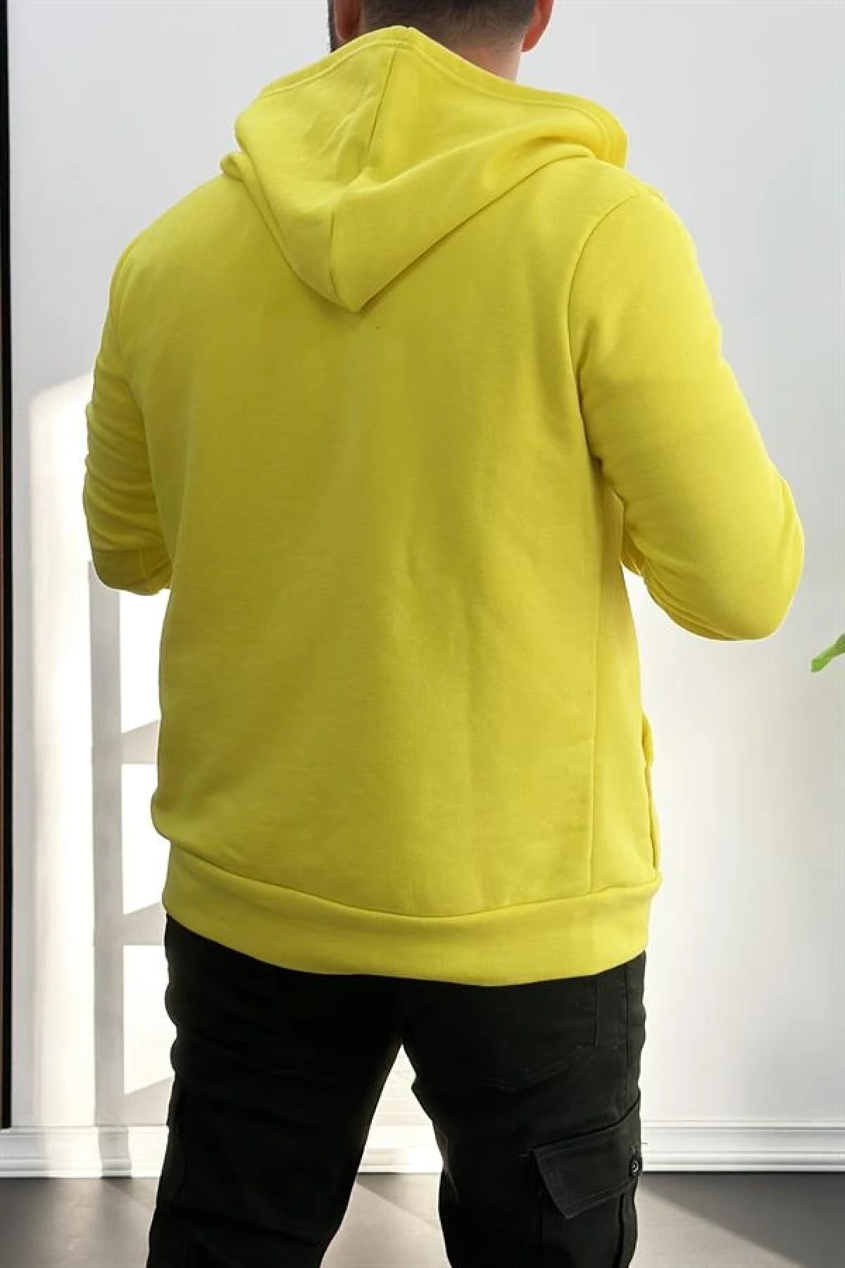 Kapüşonlu 3 İplik Şardonsuz Hırka Sarı Edw223