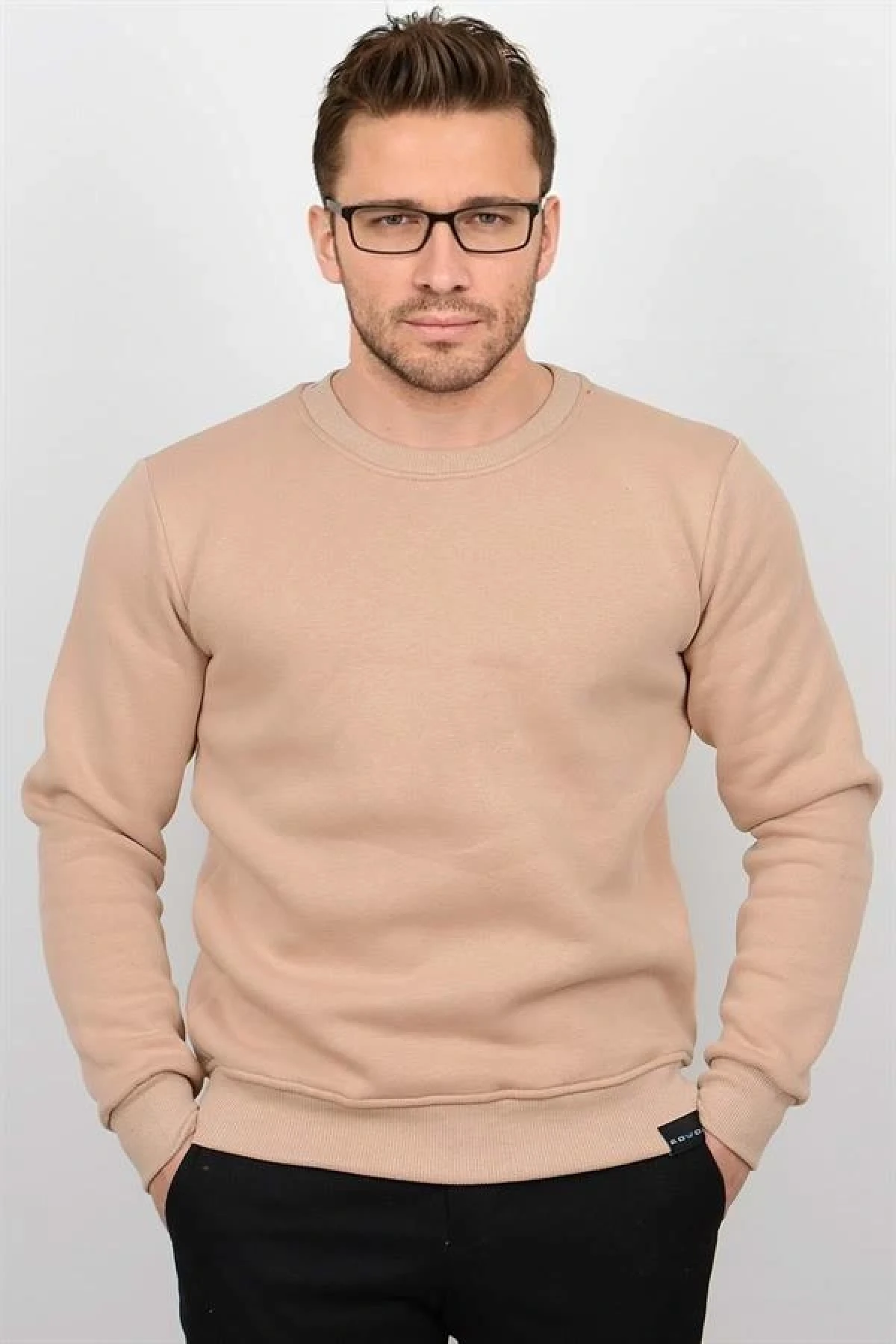 Üç Iplik Şardonlu Pamuklu Bisiklet Yaka Sweatshirt Bej CZN01